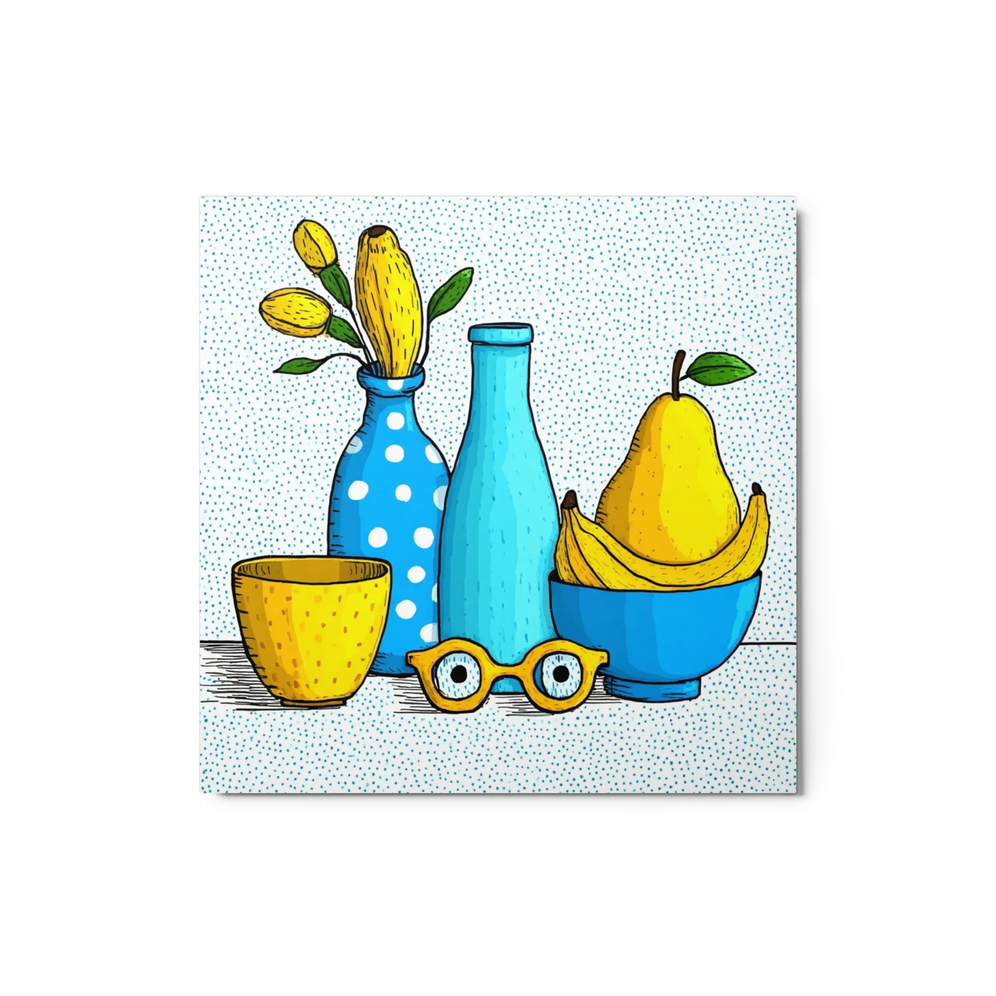 Yellow Fruit and Blue Vases