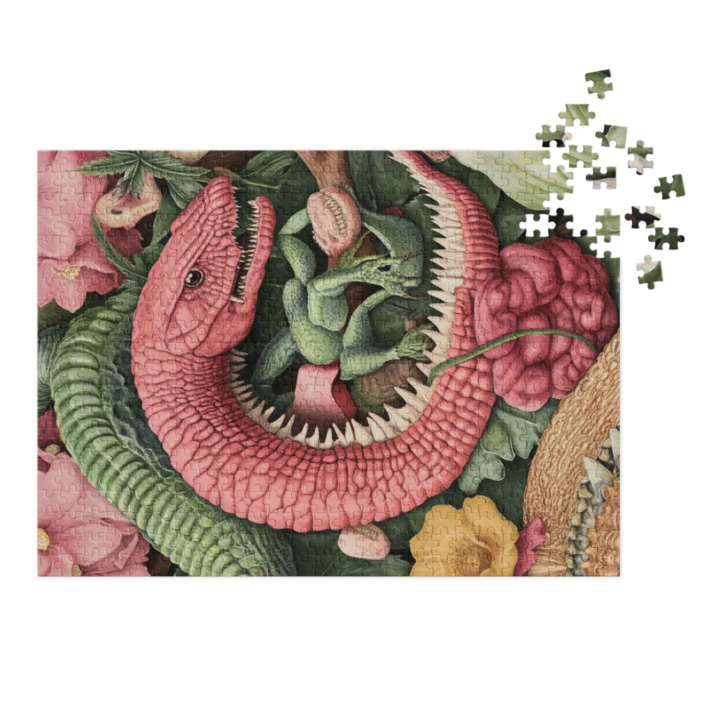 Surreal Pink Snake and Green Lizards Artwork
