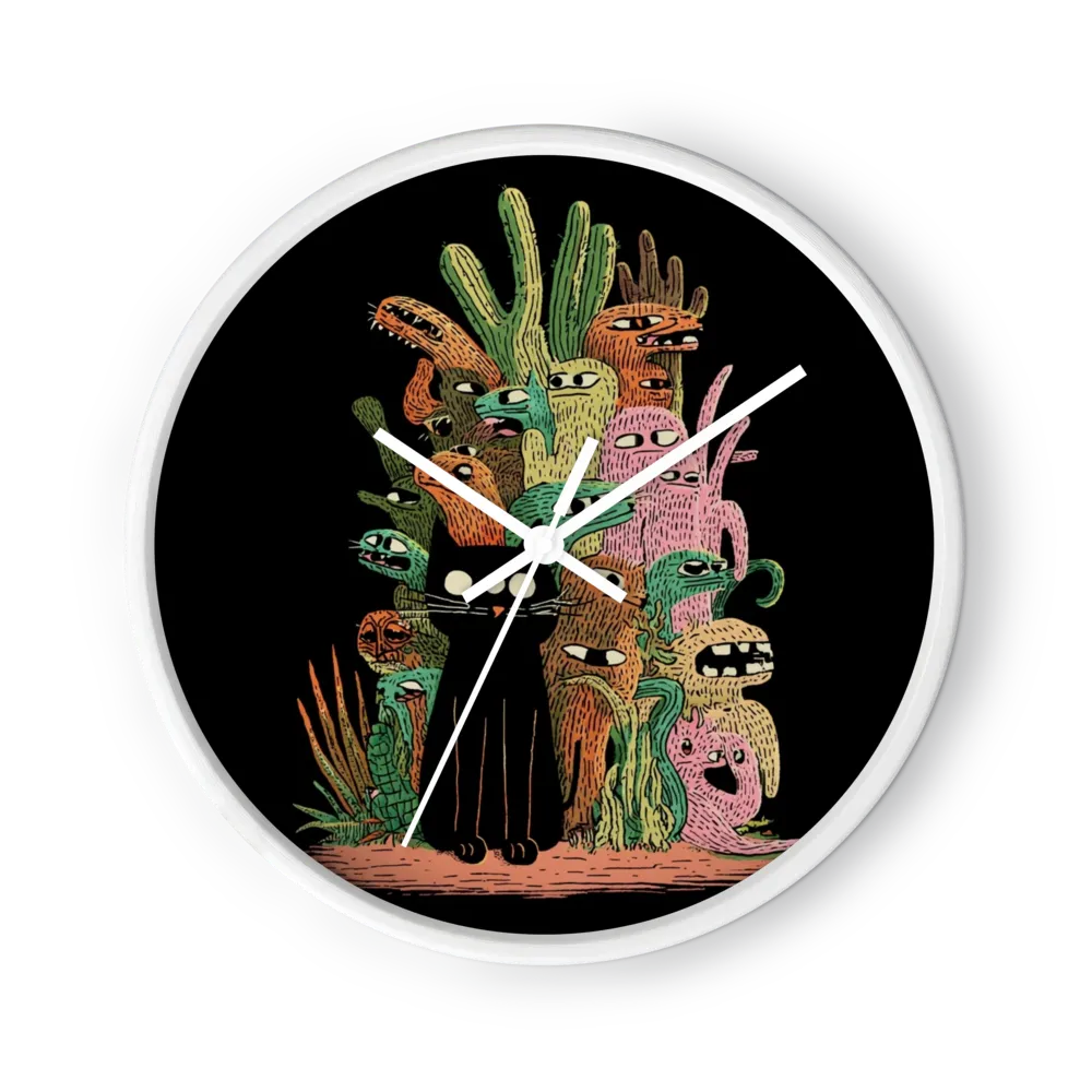 Three Eyed Cat and Cactus Monsters | Wall Clock