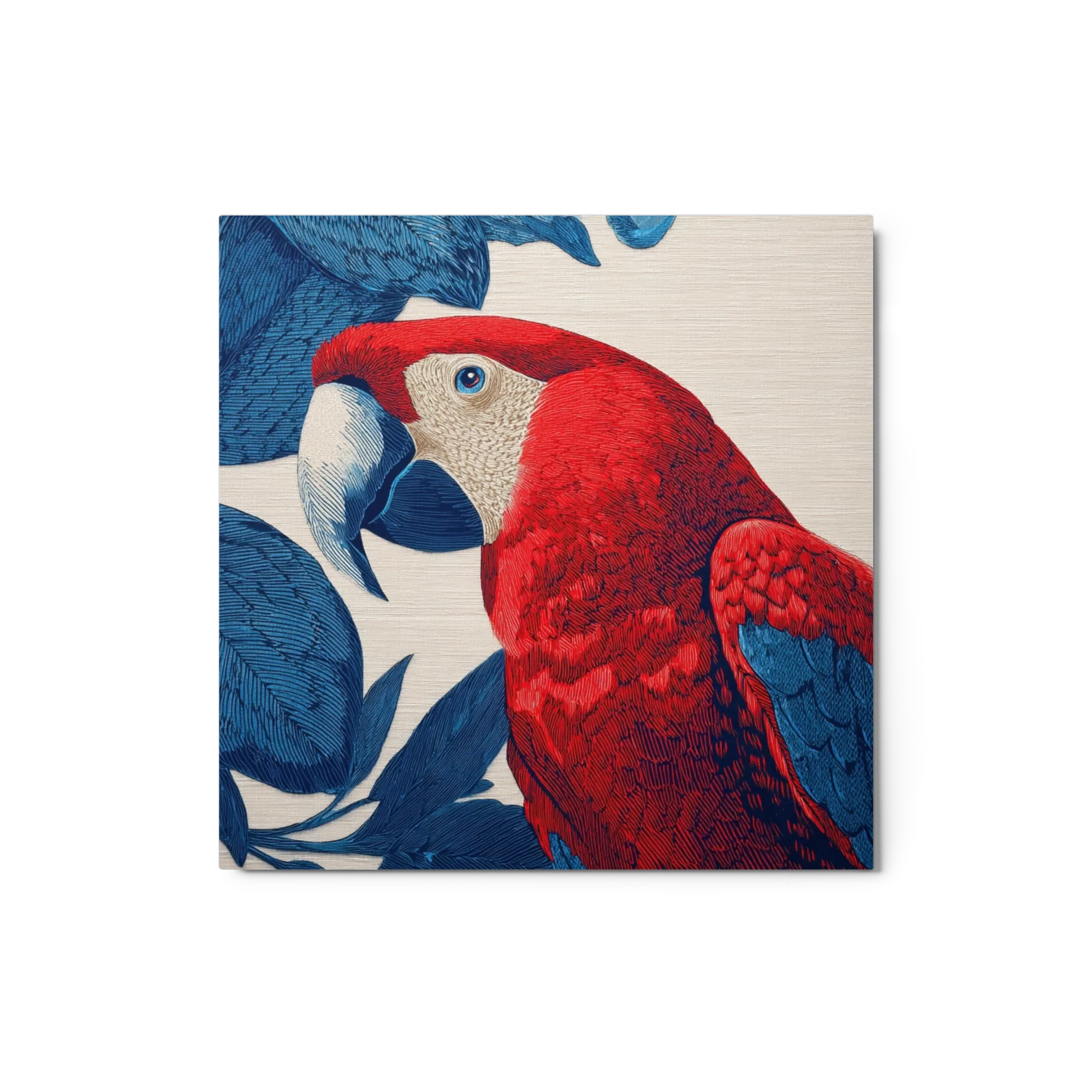 Crimson Macaw and Blue Leaves