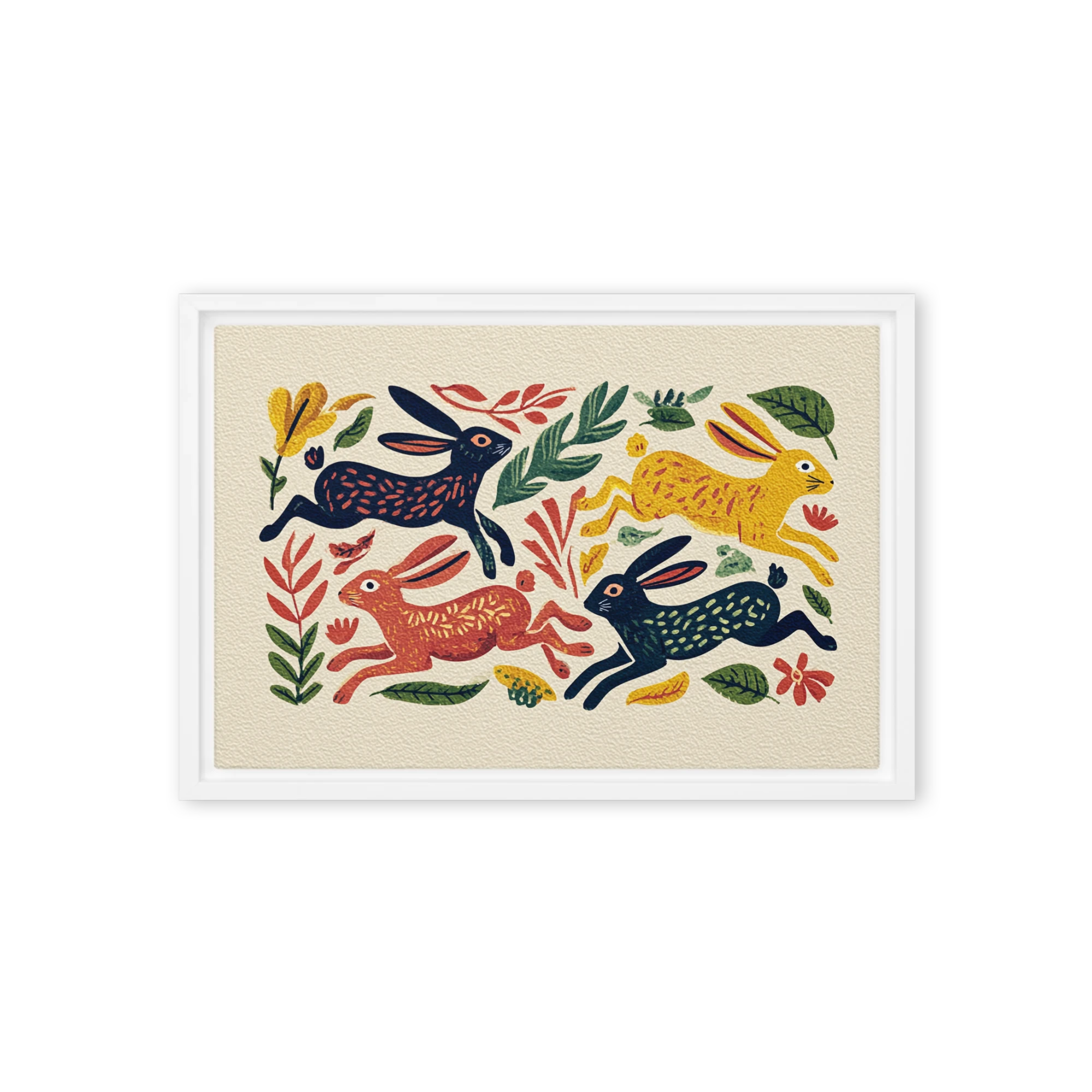 Leaping Hares in Floral Field
