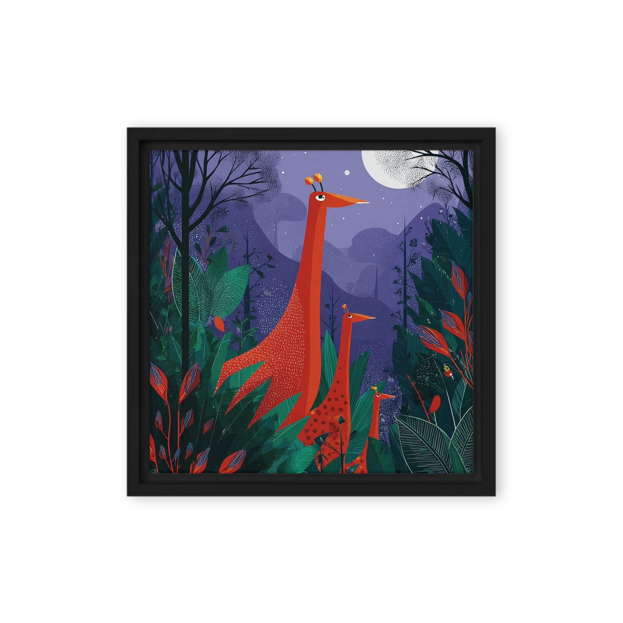 Red Giraffes in Night Jungle