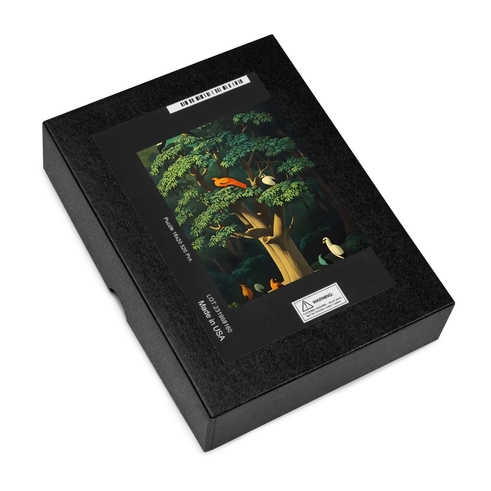 Stylized Birds in Lush Forest 
 Jigsaw Puzzle in Tin Box