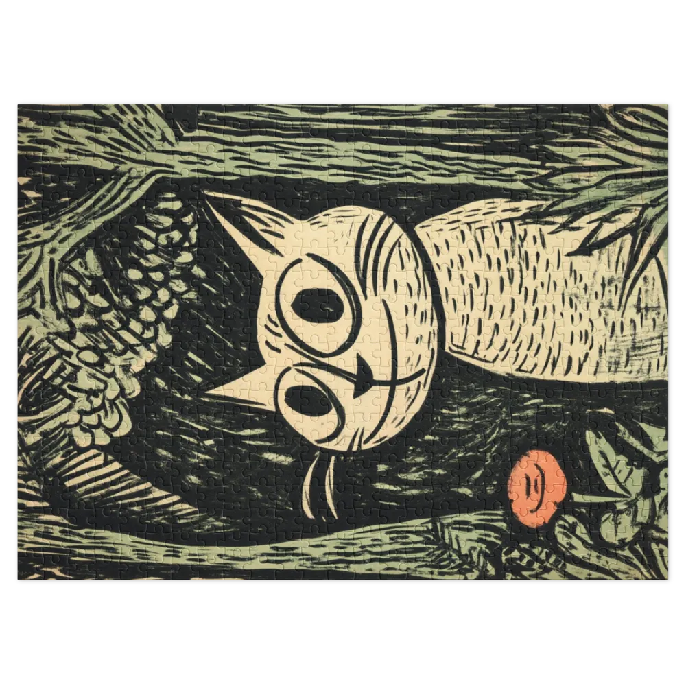 Gato Curioso na Floresta de Xilogravura 
 Puzzle em caixa de metal