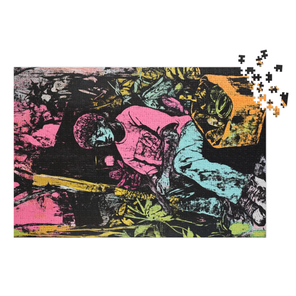 Pensive Figure in Neon Jungle 
 Jigsaw Puzzle in Tin Box