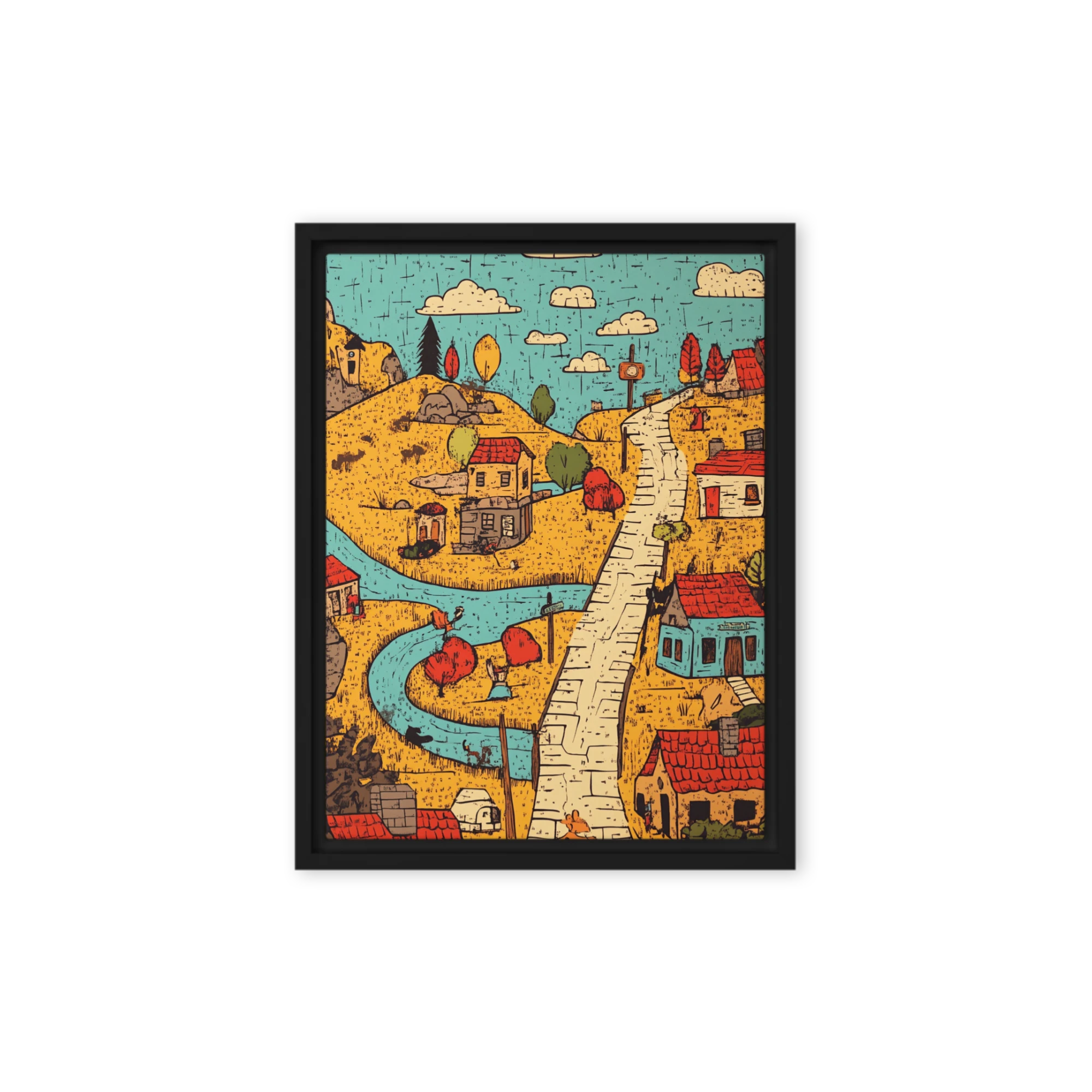 Whimsical Village Landscape Illustration