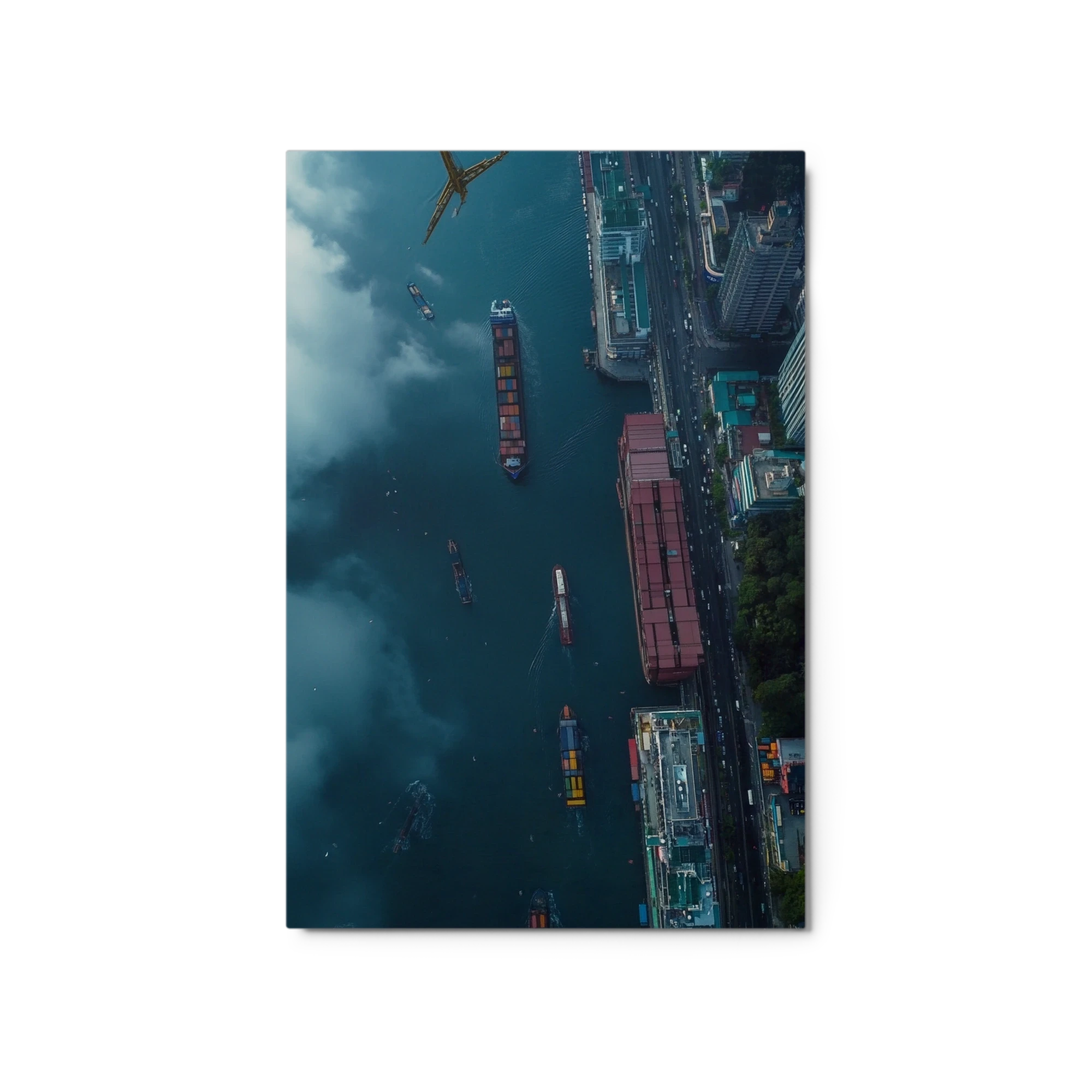 Aerial View of Ships and Cityscape