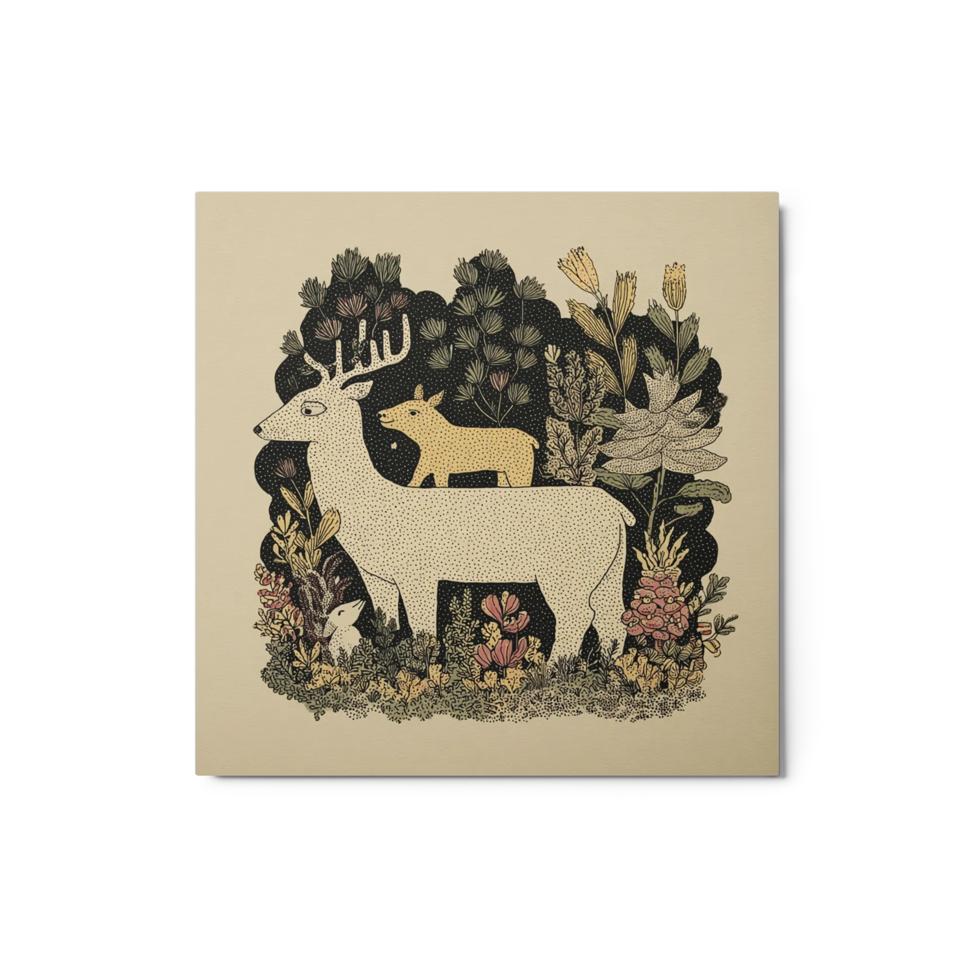 Forest Deer Family Illustration 
 Canvas with White Frame