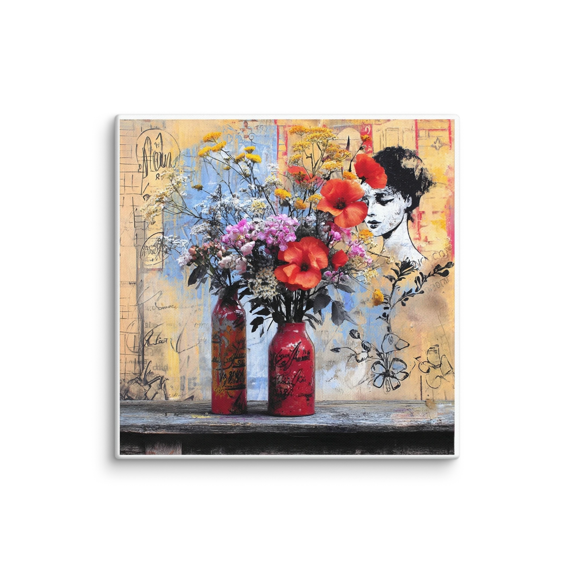 Newspaper Collage Wall Art — Newsprint, Poppy Red, Cobalt