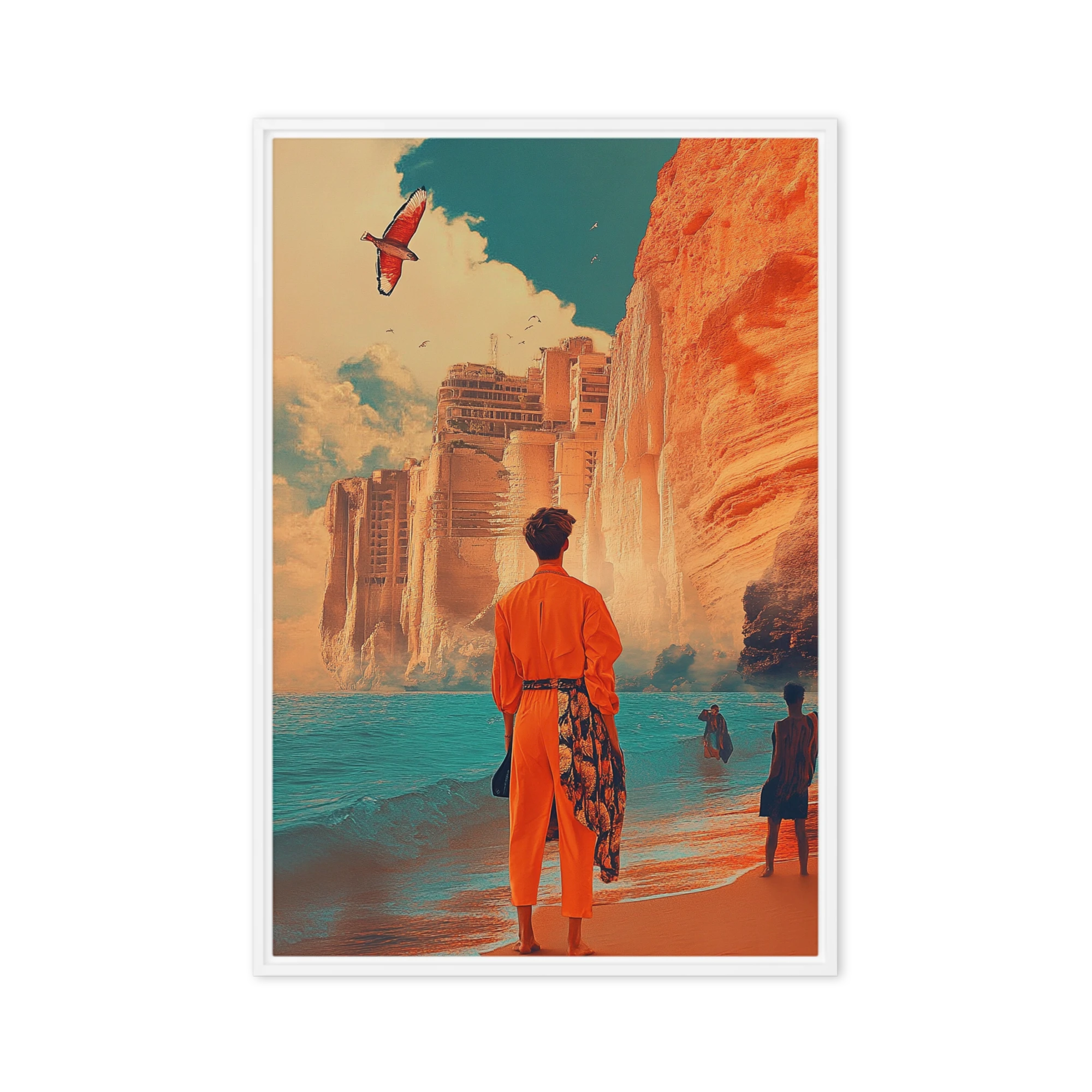 Surreal Coastal Landscape with Person and Bird