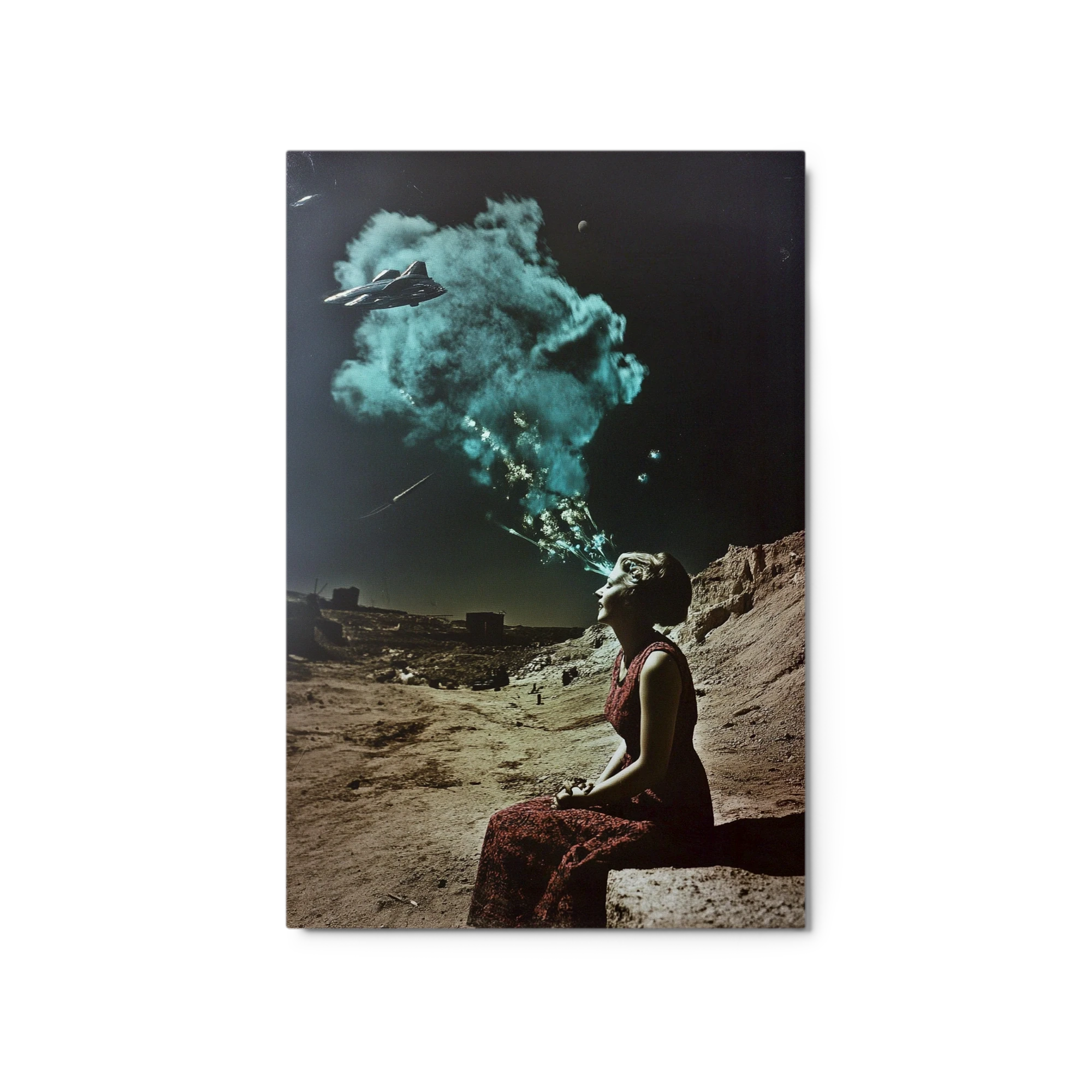 Surreal Female Figure with Rocket and Smoke