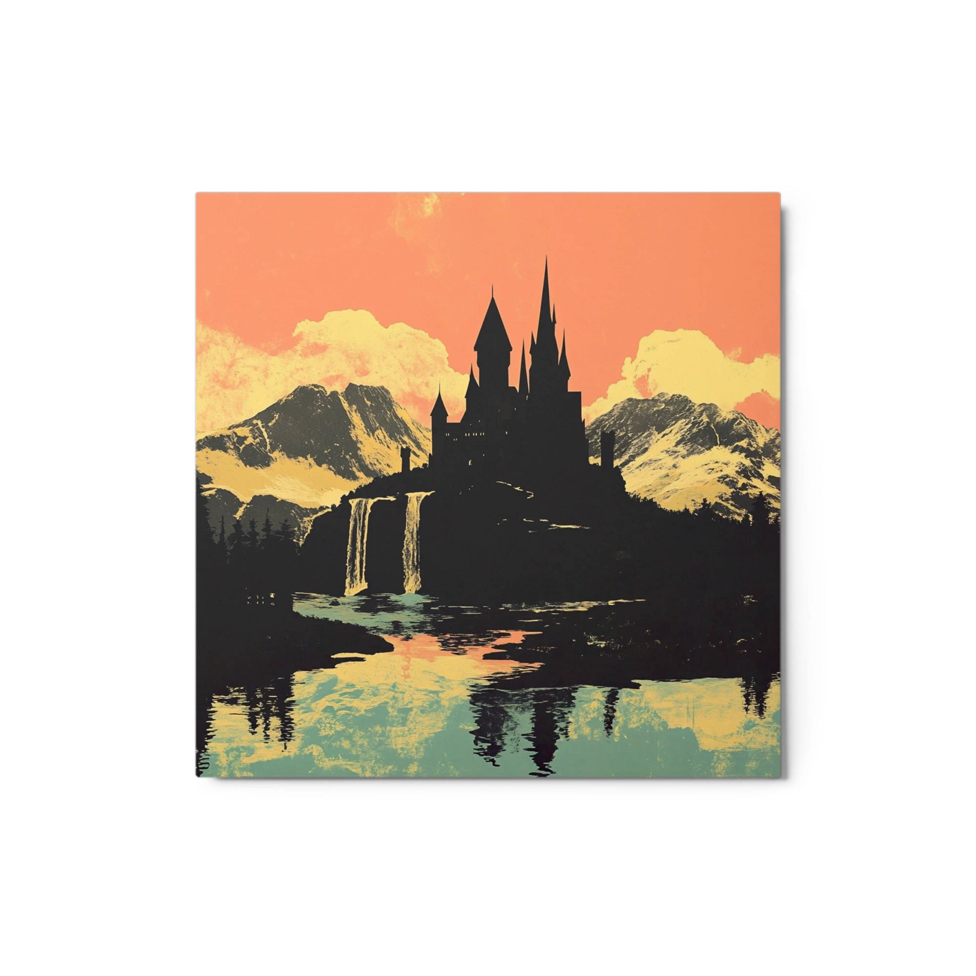 Silhouetted Castle with Mountains and Waterfall