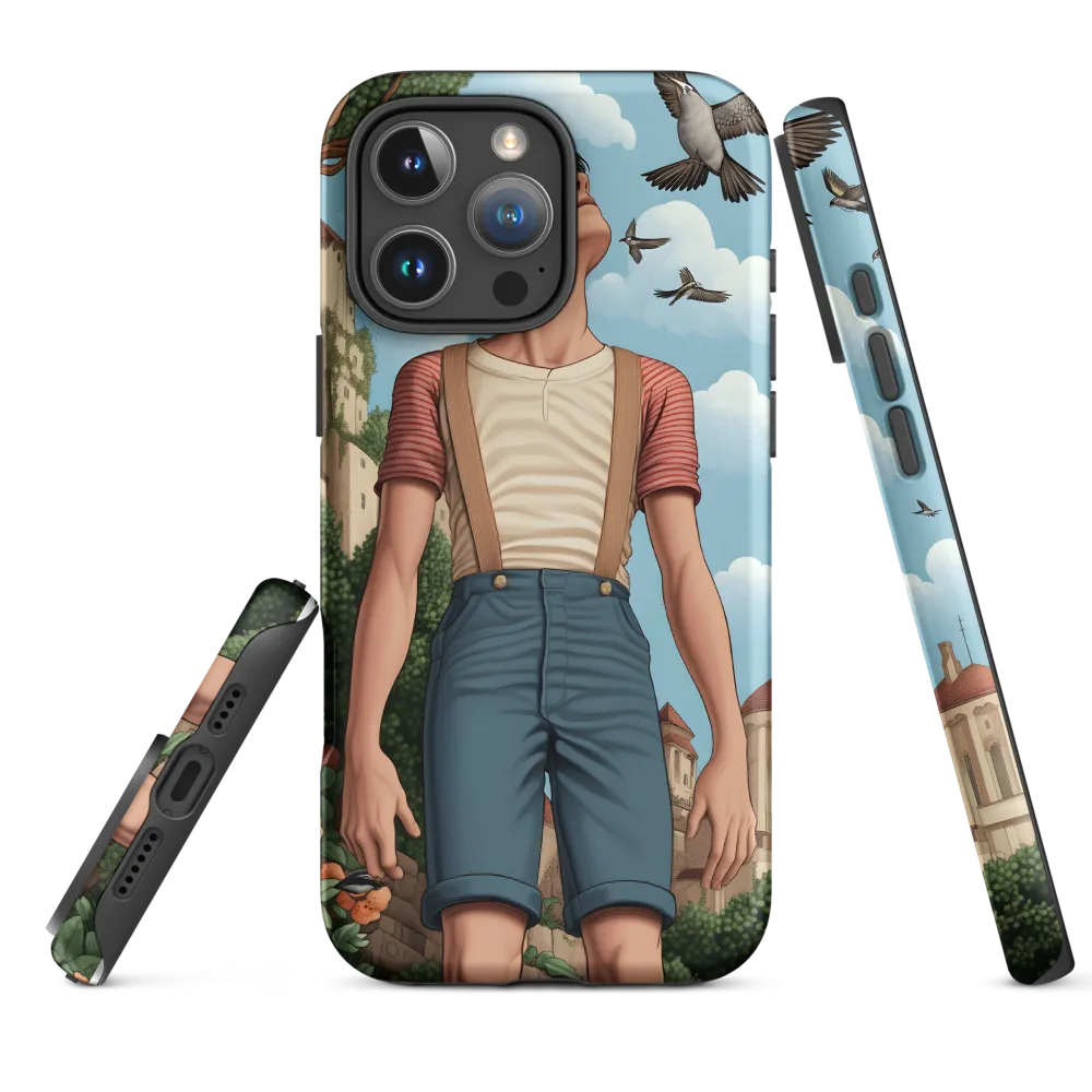 Boy with Suspenders in Scenic Landscape