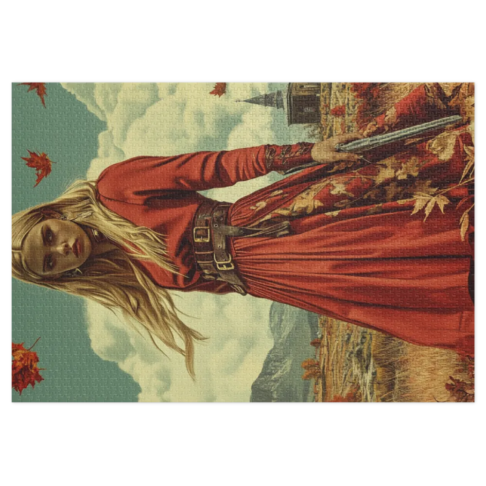 Woman in Red Dress in Autumn Landscape | Jigsaw Puzzle (252/520 pieces)