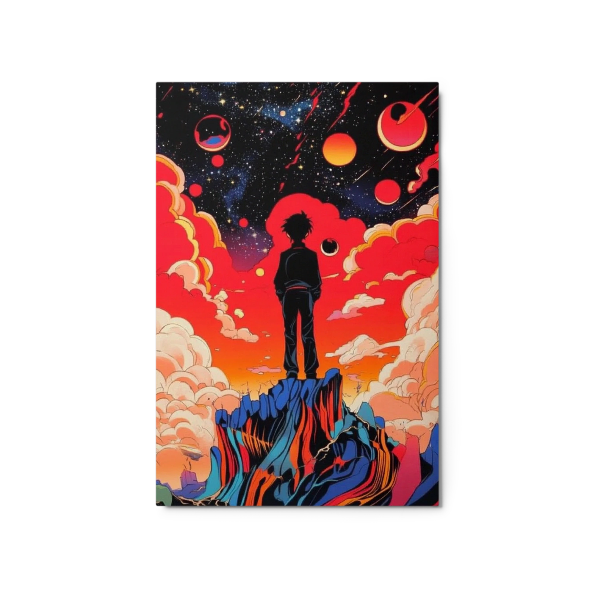 Silhouetted Figure on Rocky Mountain with Cosmic Background
