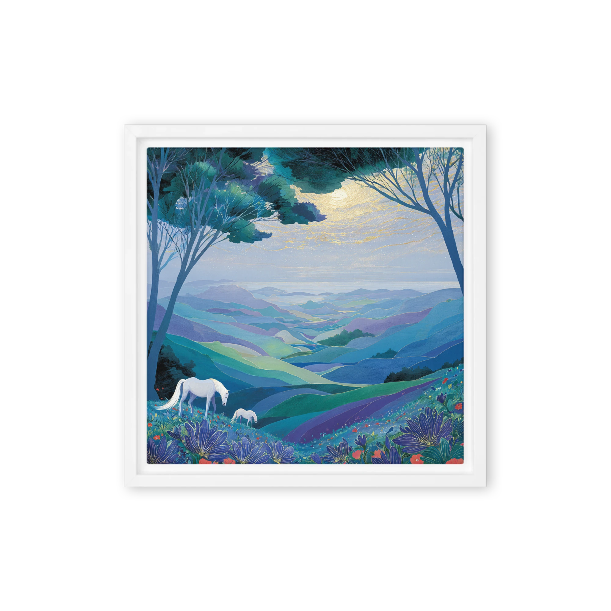 Moonlit Hills with White Horses