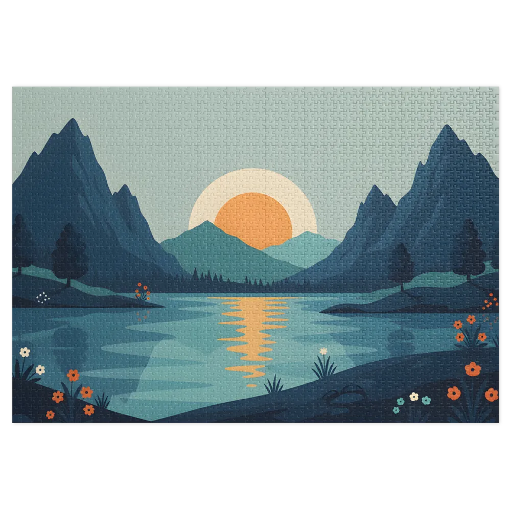 Sunset Over Mountain Lake 
 Jigsaw Puzzle in Tin Box