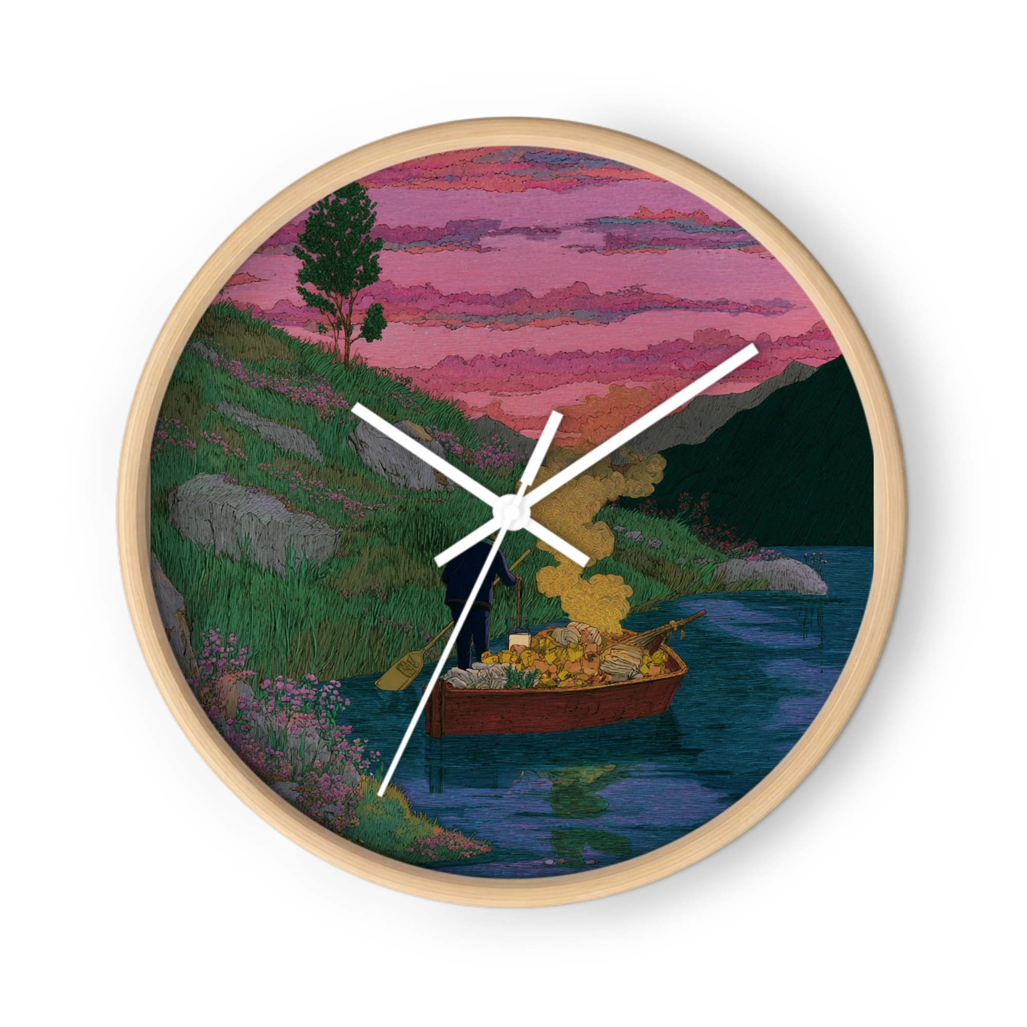 Psychedelic Hatching Surrealism Wall Clocks — Rose Dusk And Viridian
