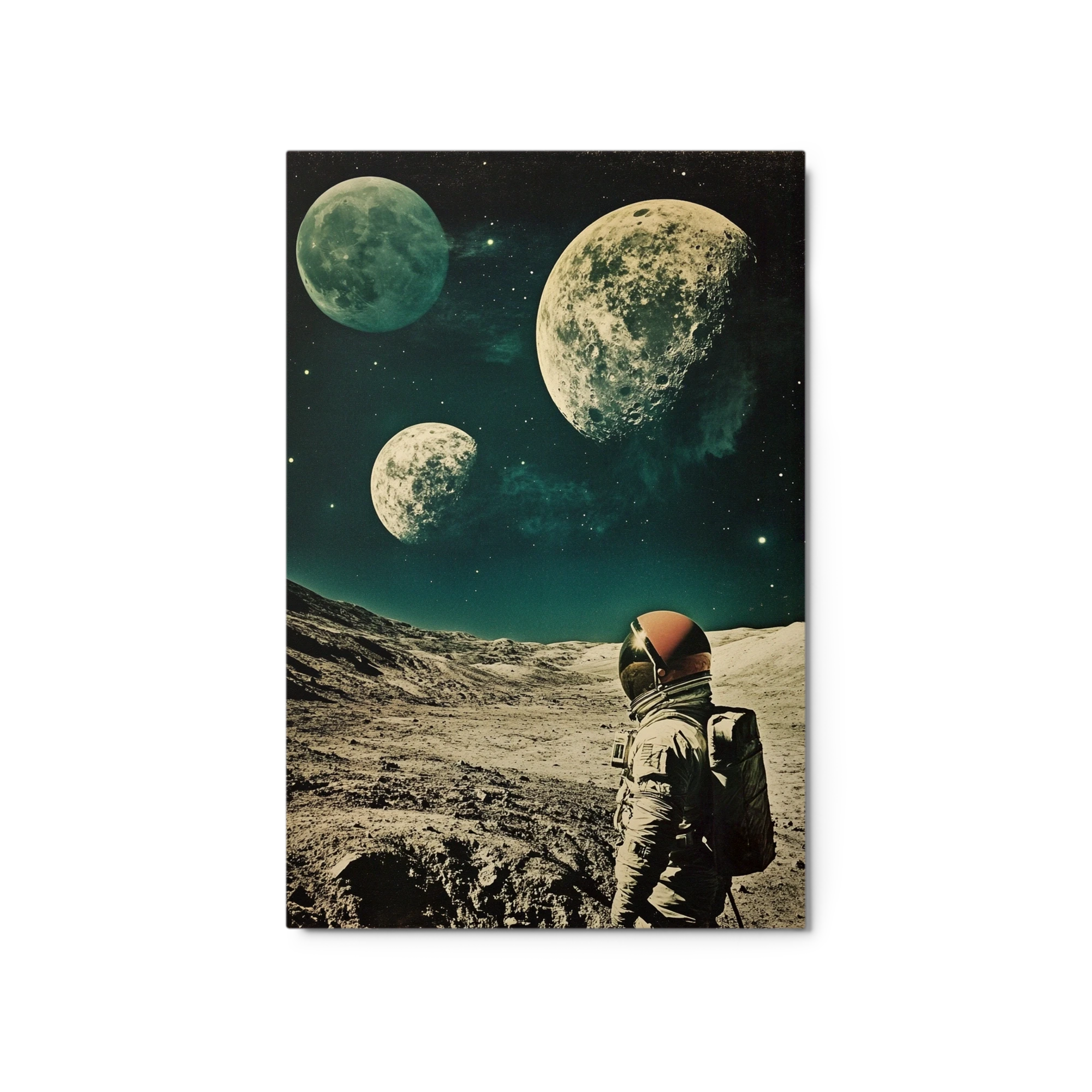 Astronaut on Lunar Landscape with Moons