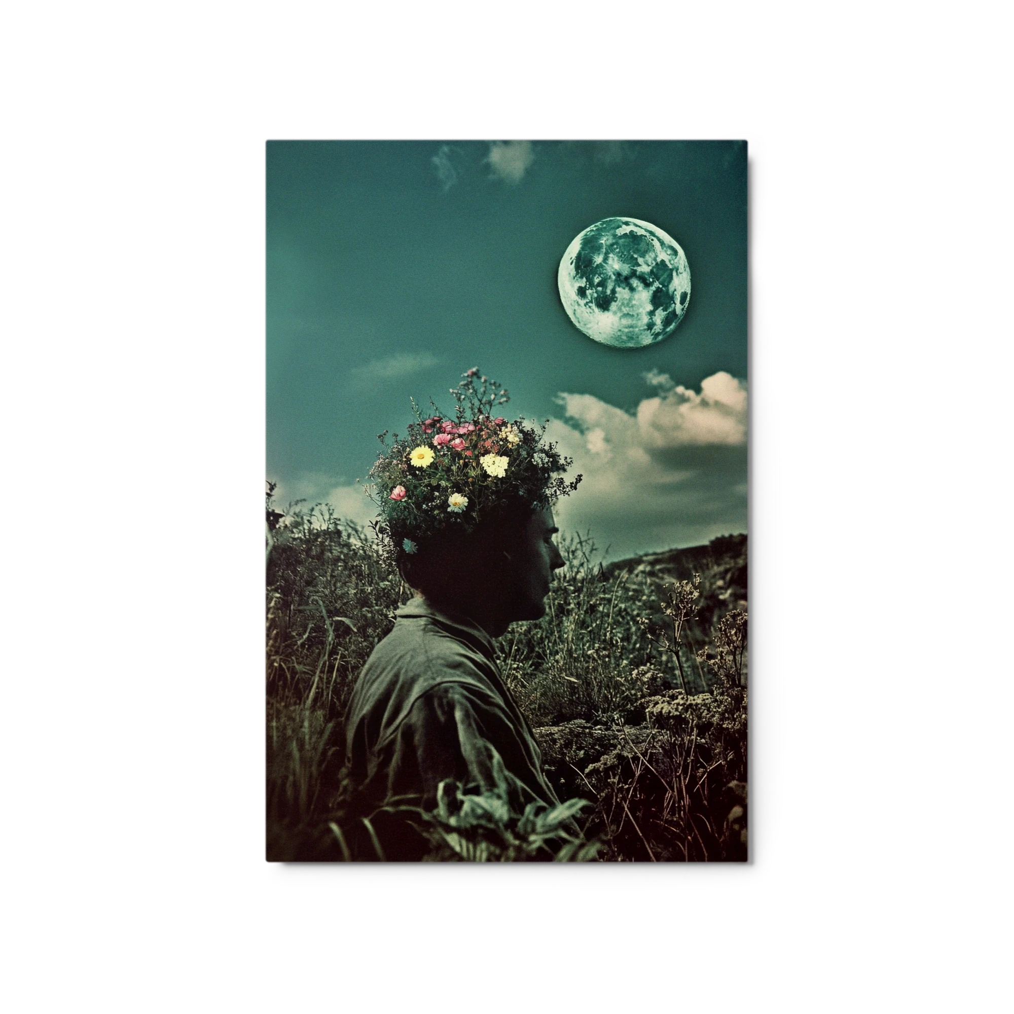 Surreal Person with Flower Crown and Moon