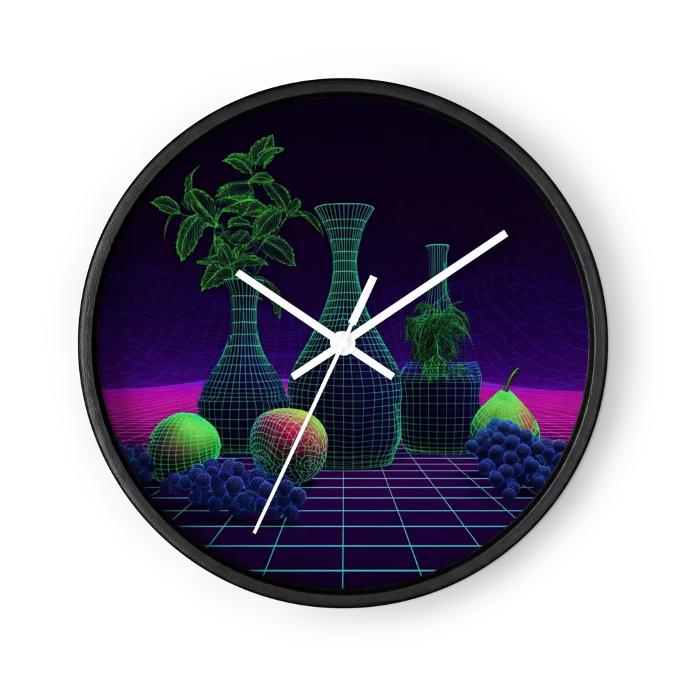 Neon Wireframe Synthwave Wall Clocks — Magenta Grids, Acid Green