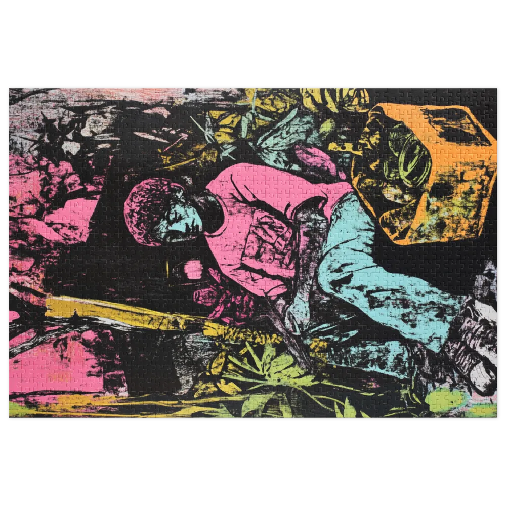 Pensive Figure in Neon Jungle 
 Jigsaw Puzzle in Tin Box