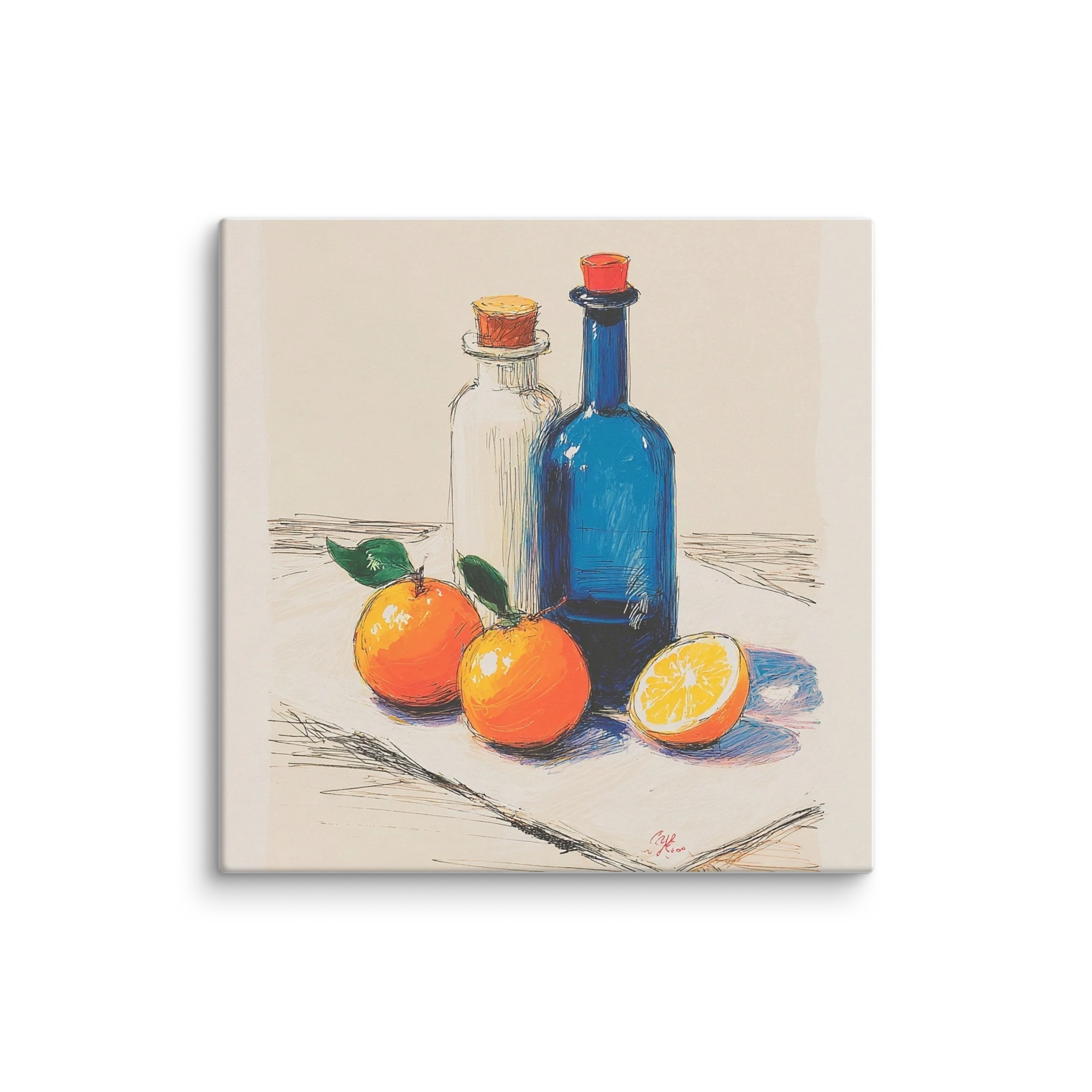 Cobalt & Citrus Lithograph Wall Art — Blue Bottles, Ripe Oranges