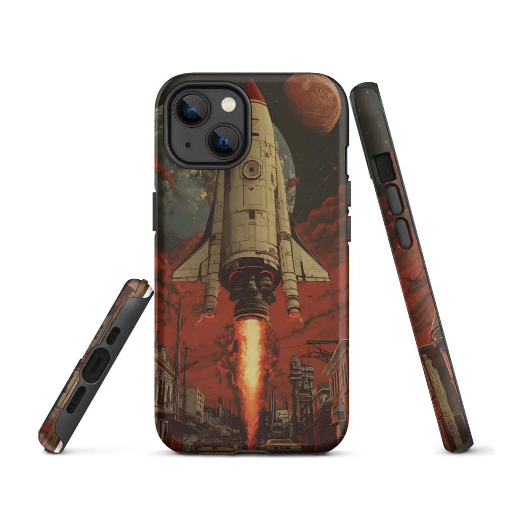 Retro Rocket Launch Amidst Cityscape | Phone Case