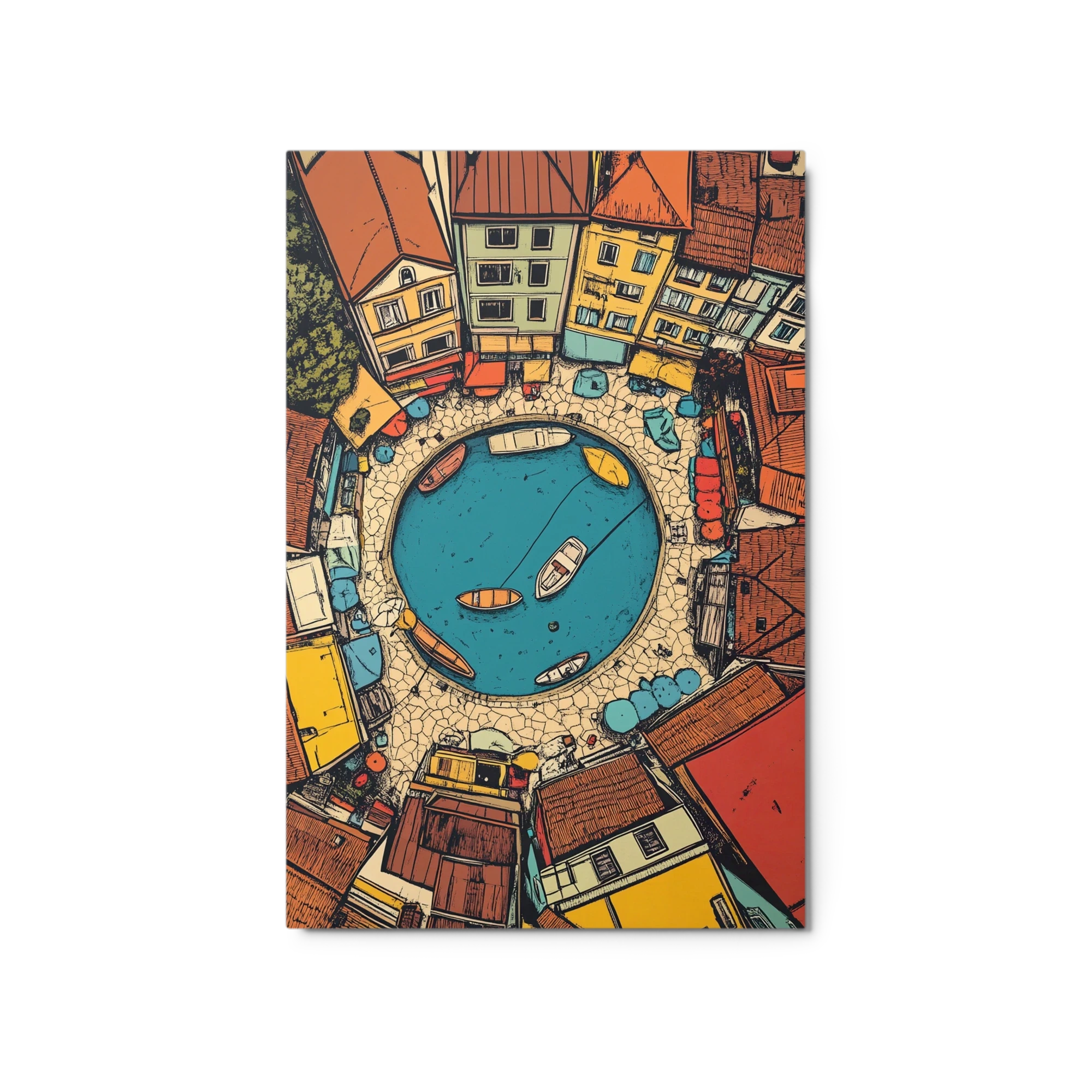 Aerial Village Lake Illustration