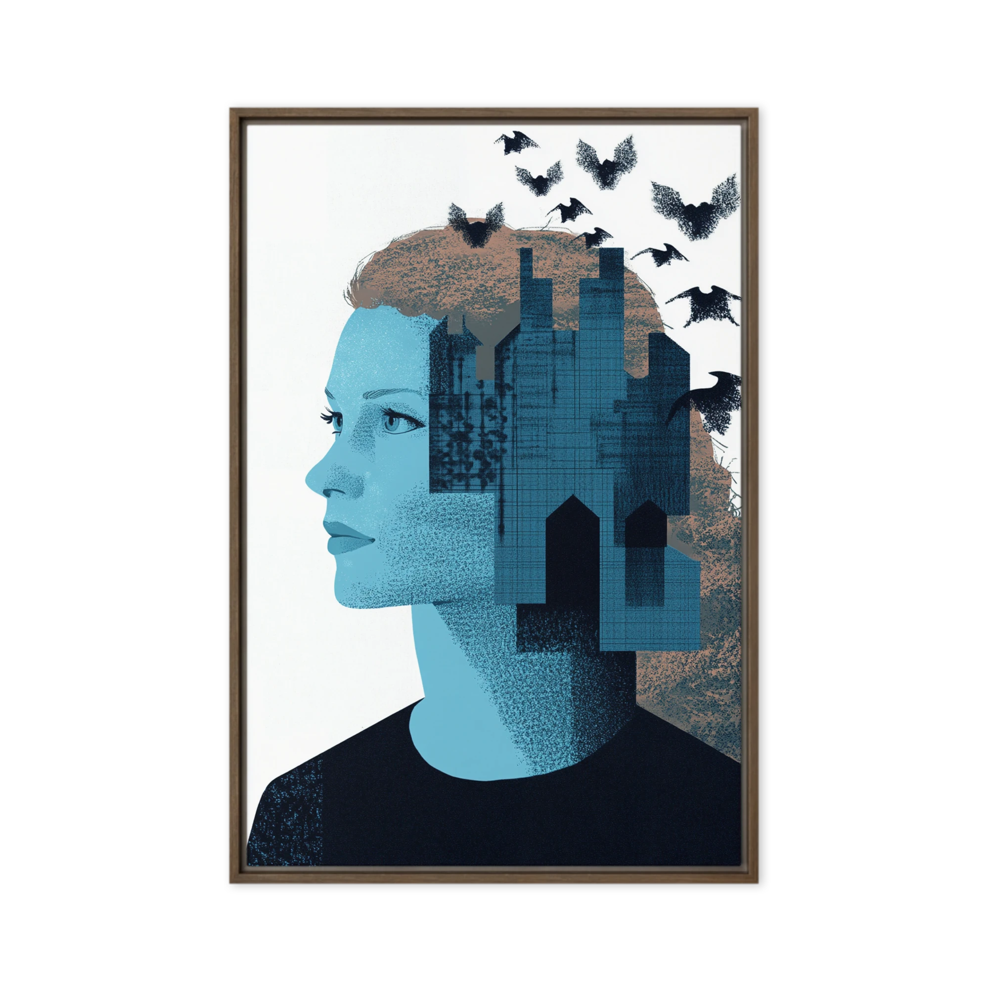 Profile of a Woman with Cityscape and Birds