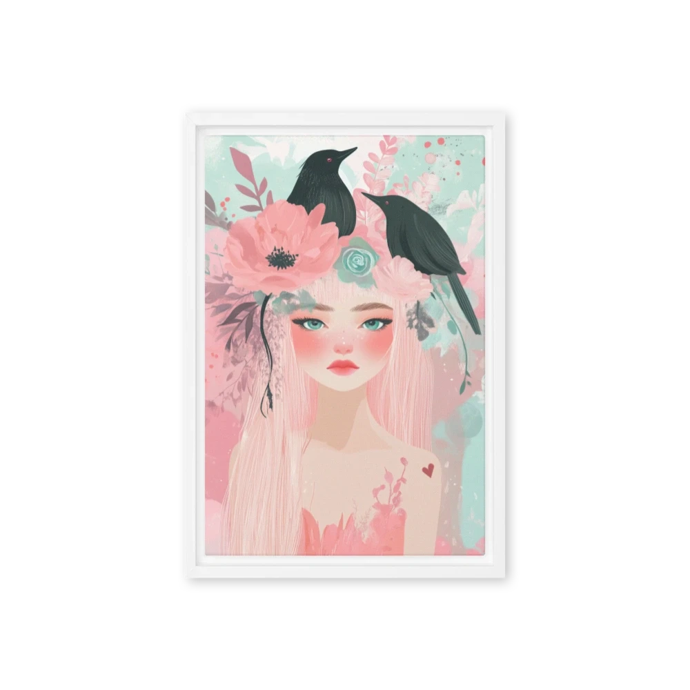 Whimsical Woman with Birds and Flowers