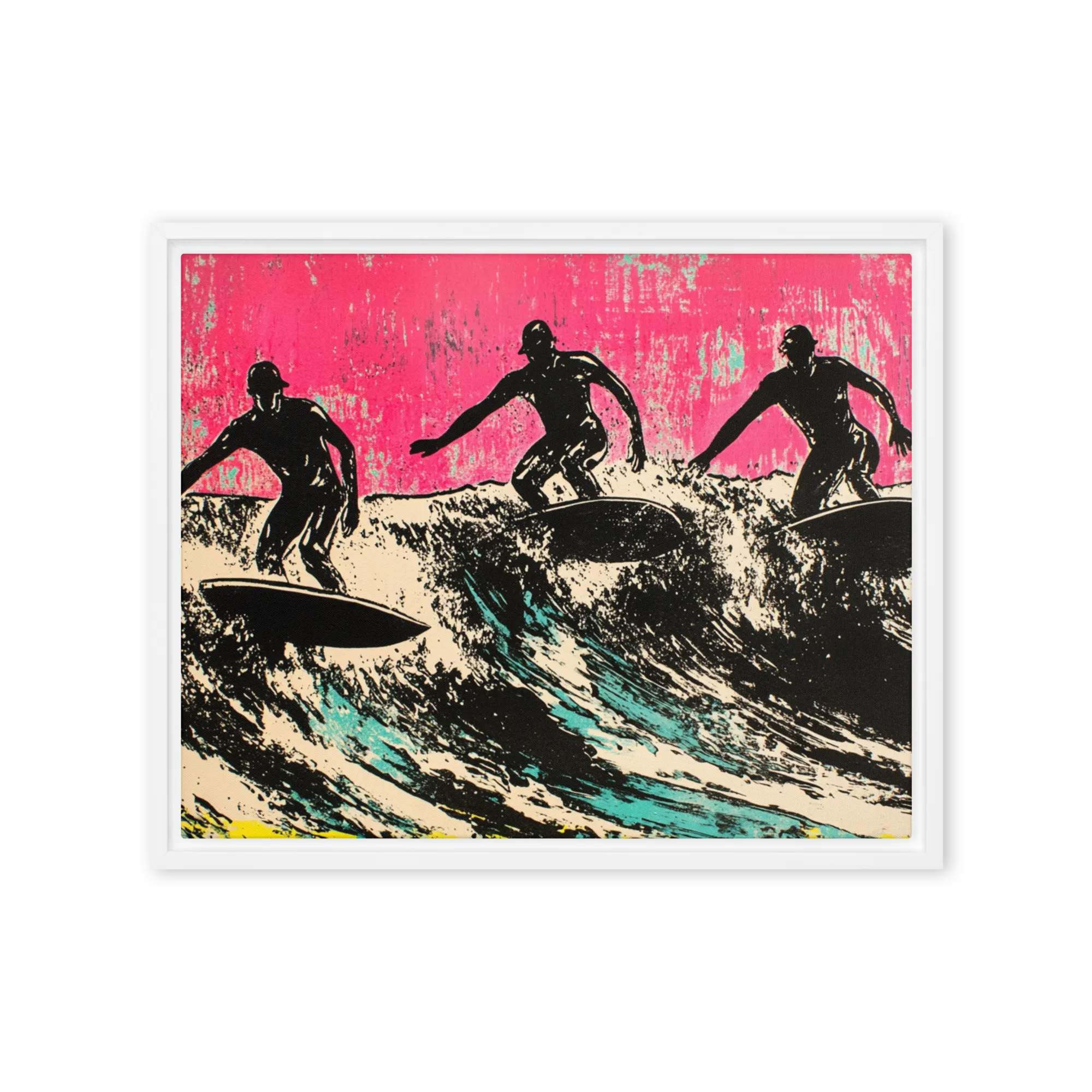 Triple Wave Surfers 
 Canvas with Brown Frame