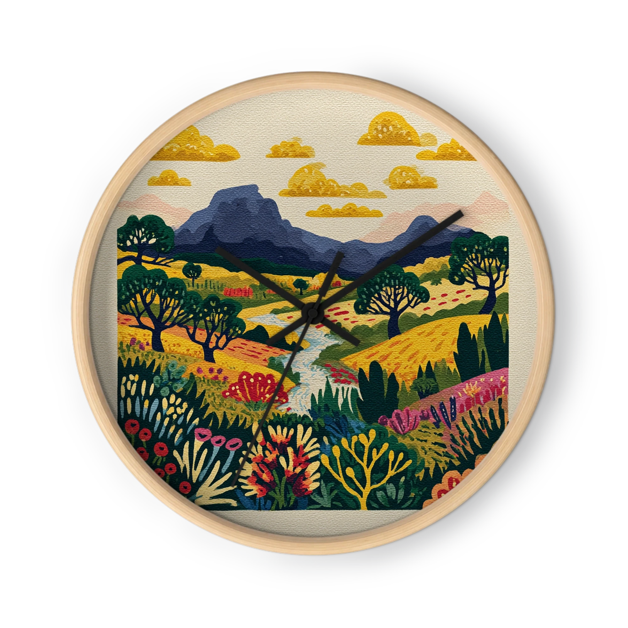 Rustic Needlepoint Tapestry Clocks — Flower Wreaths And Hills