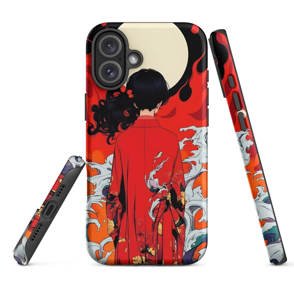 Female Figure in Kimono with Moon and Waves | Phone Case