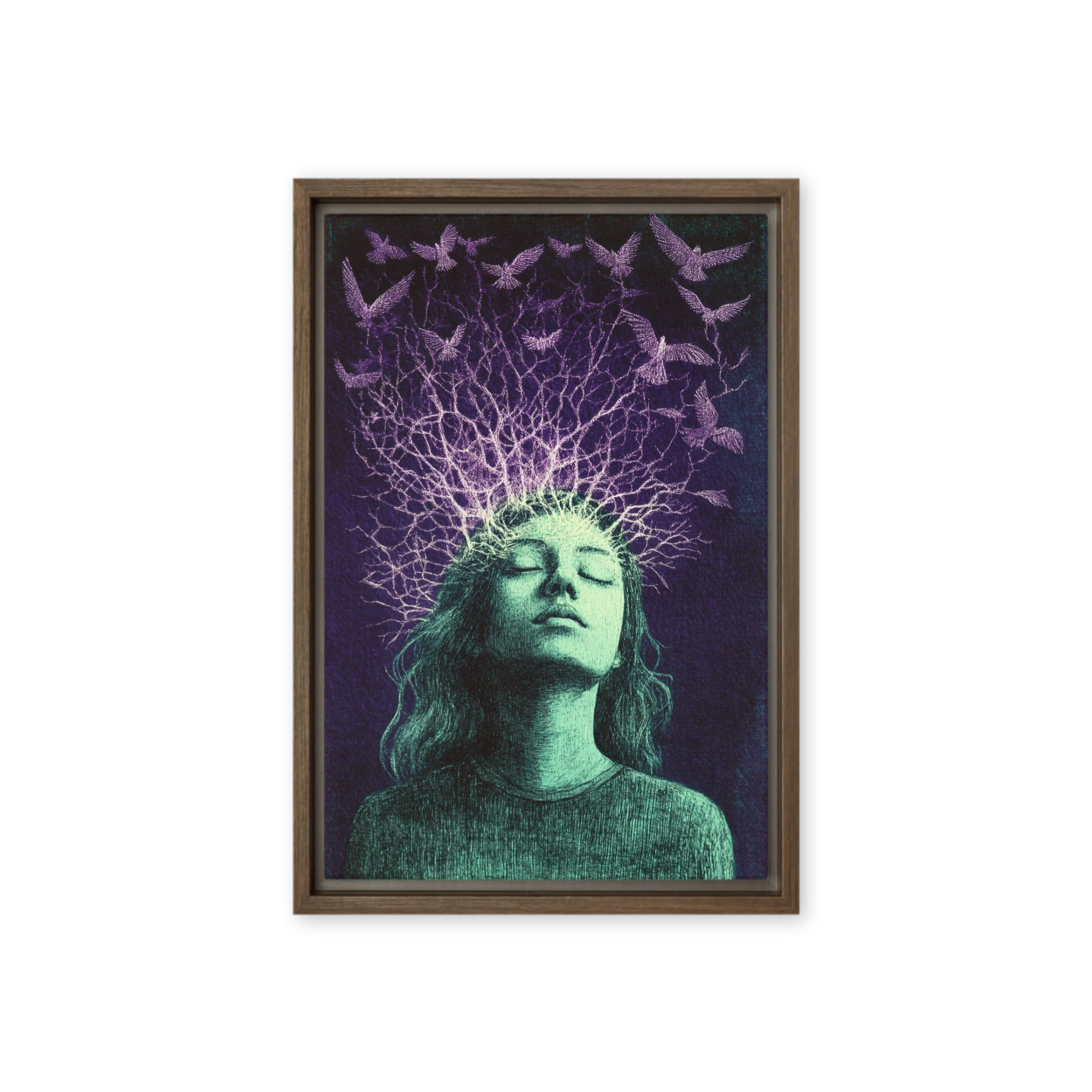 Surreal Drawing of Woman with Birds