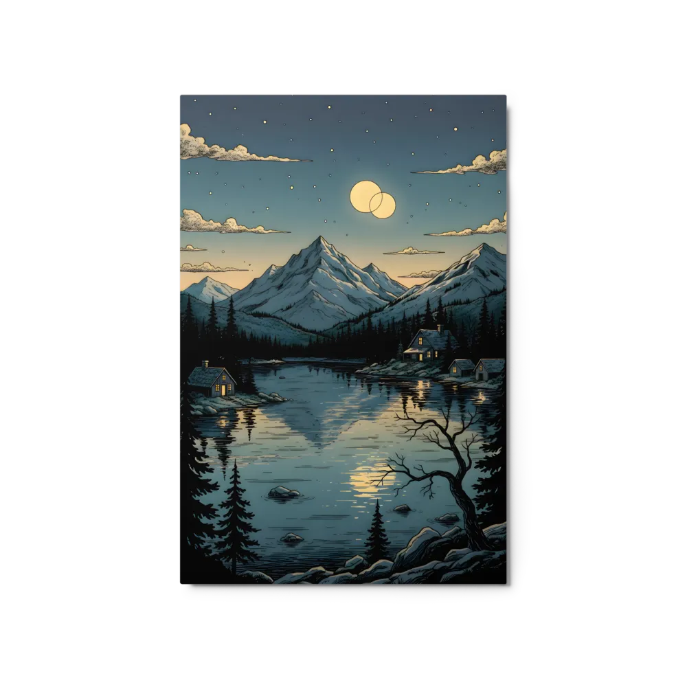 Moonlit Mountain Lake Reflection 
 Canvas with Black Frame