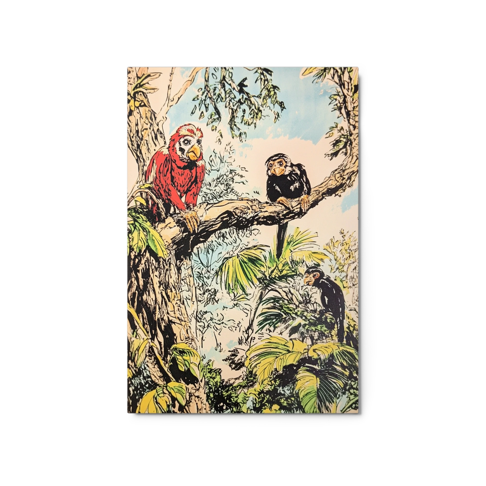 Colorful Parrots and Monkeys in Lush Foliage