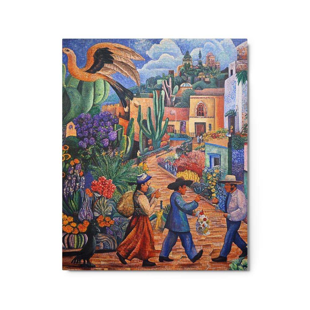 Vibrant Mosaic Village Scene | Art Print