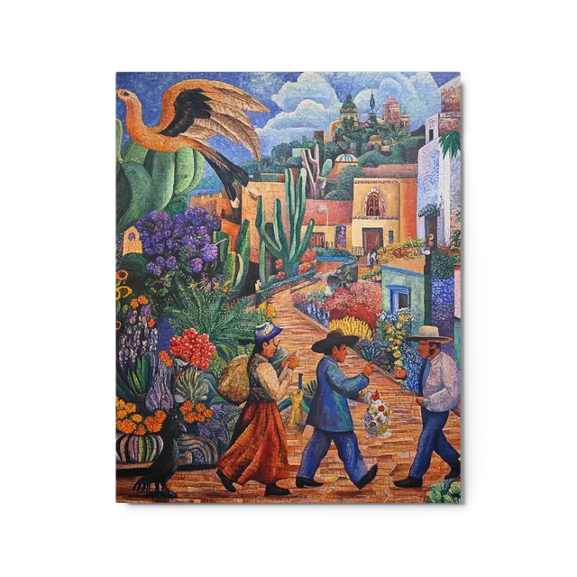 Vibrant Mosaic Village Scene | Art Print