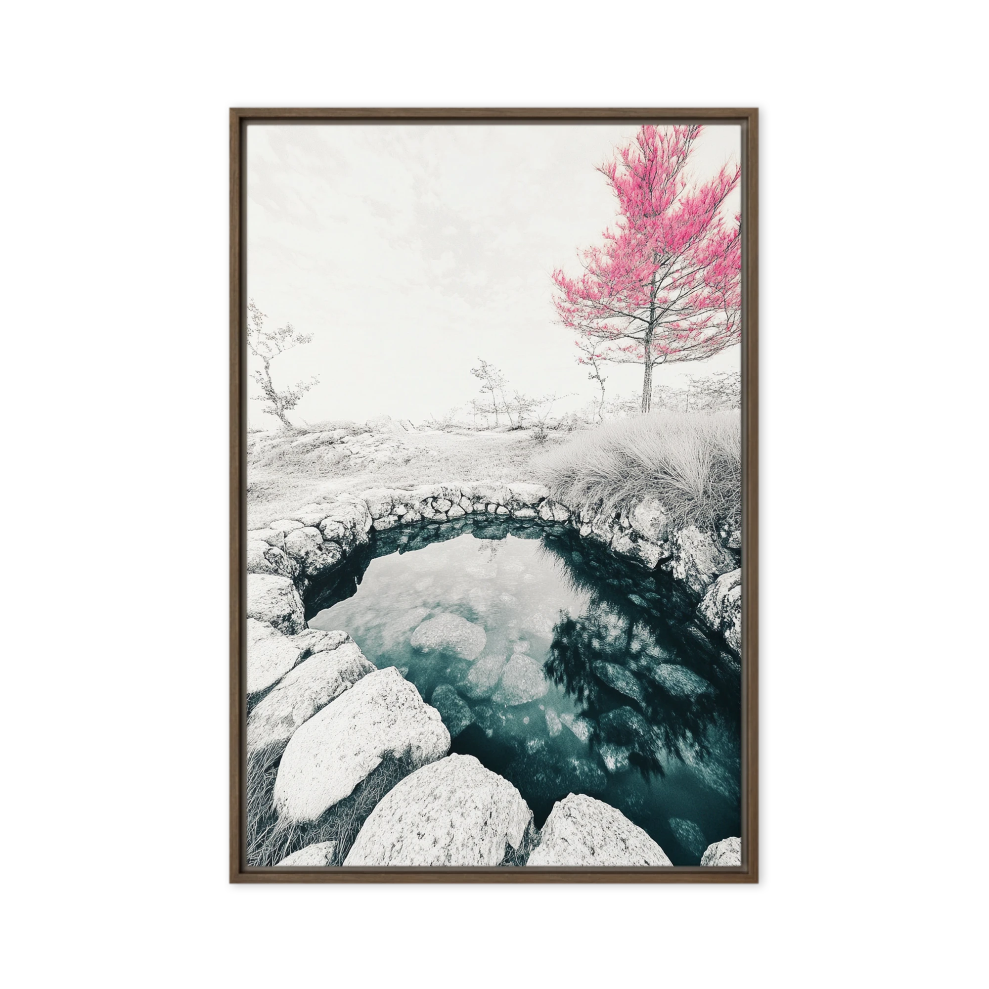 Monochromatic Pond with Pink Tree | Art Print