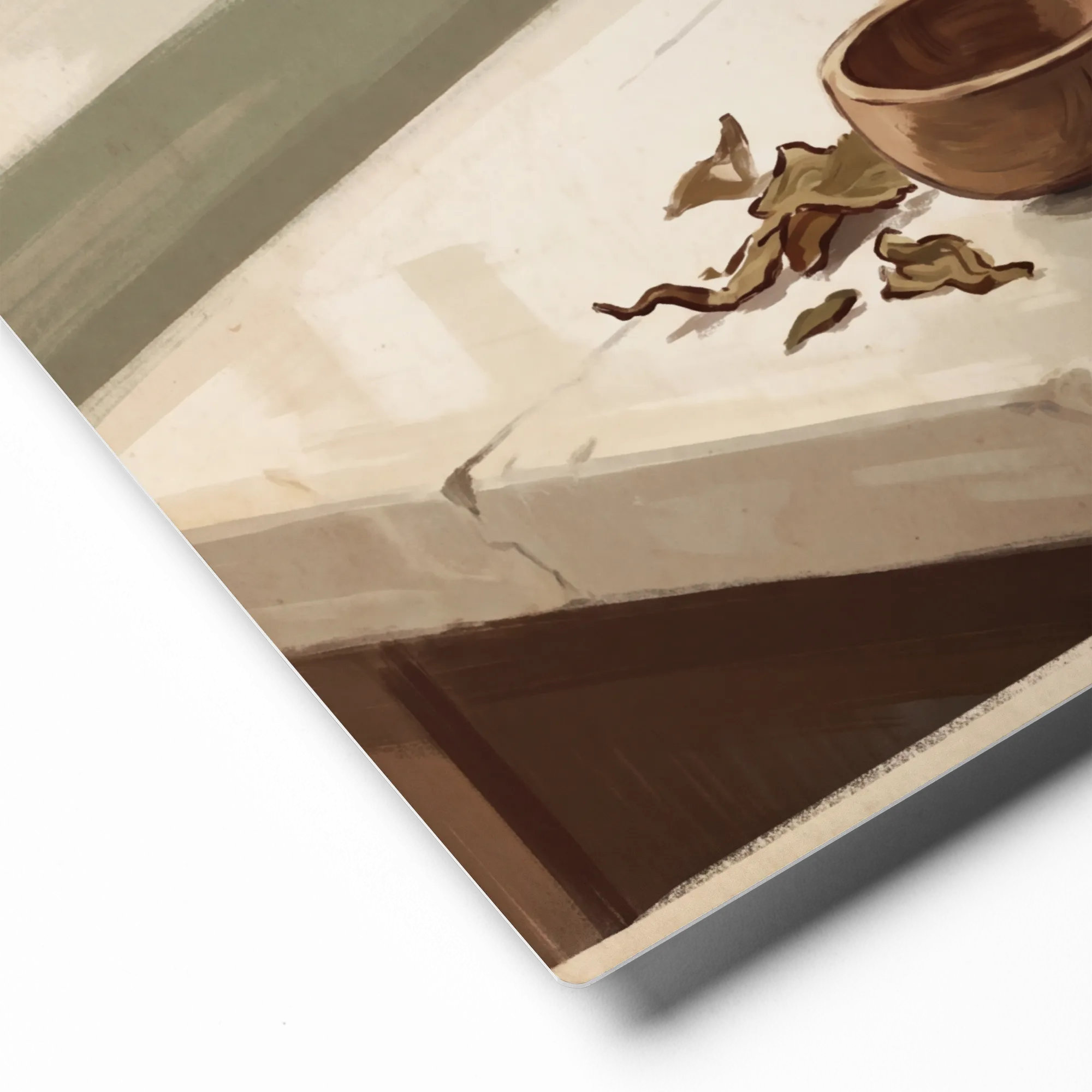 Terracotta Teapot and Leaves 
 Paper Print With White Frame & Mat | 18″x 24″