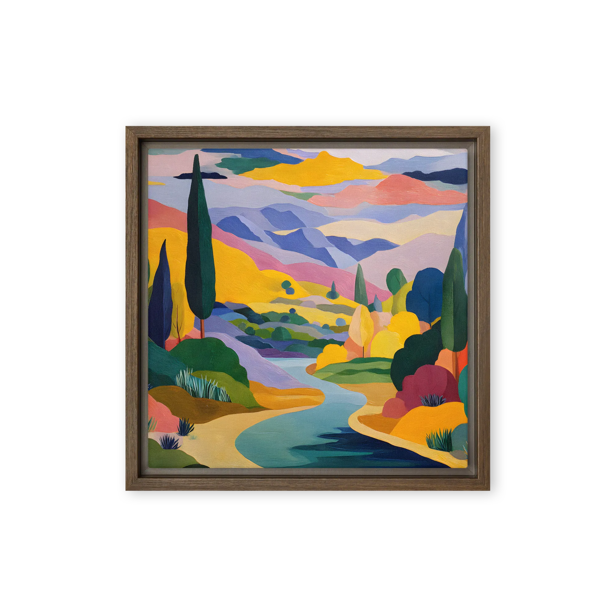 Fractured Mediterranean landscapes in cobalt — Faceted gouache blocks