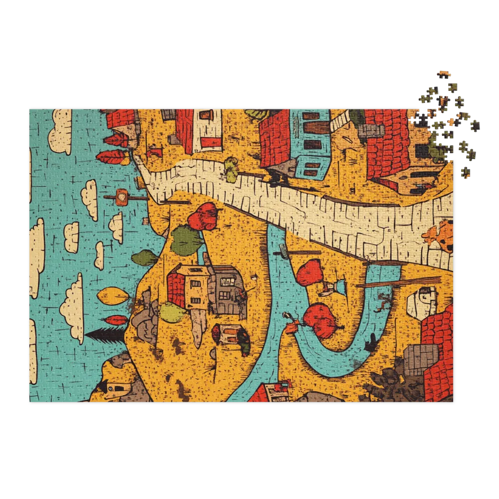 Whimsical Village Landscape Illustration