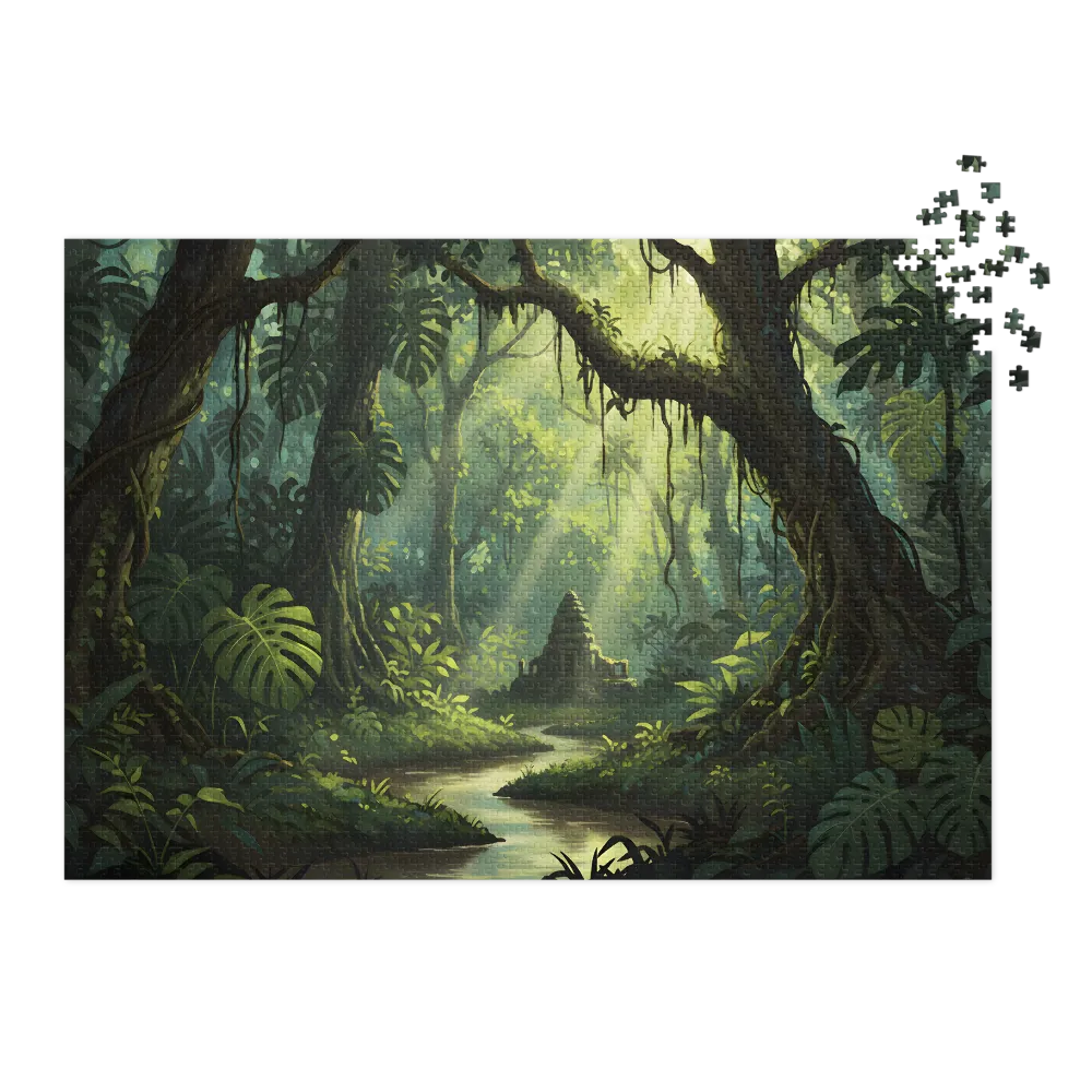 Sunlit Jungle Temple 
 Jigsaw Puzzle in Tin Box