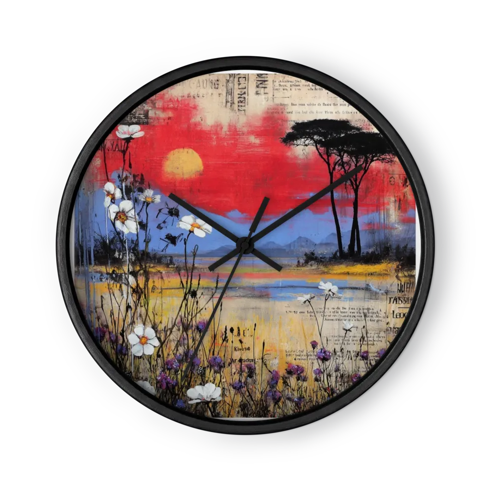 Crimson Horizon Meadow | Wall Clock