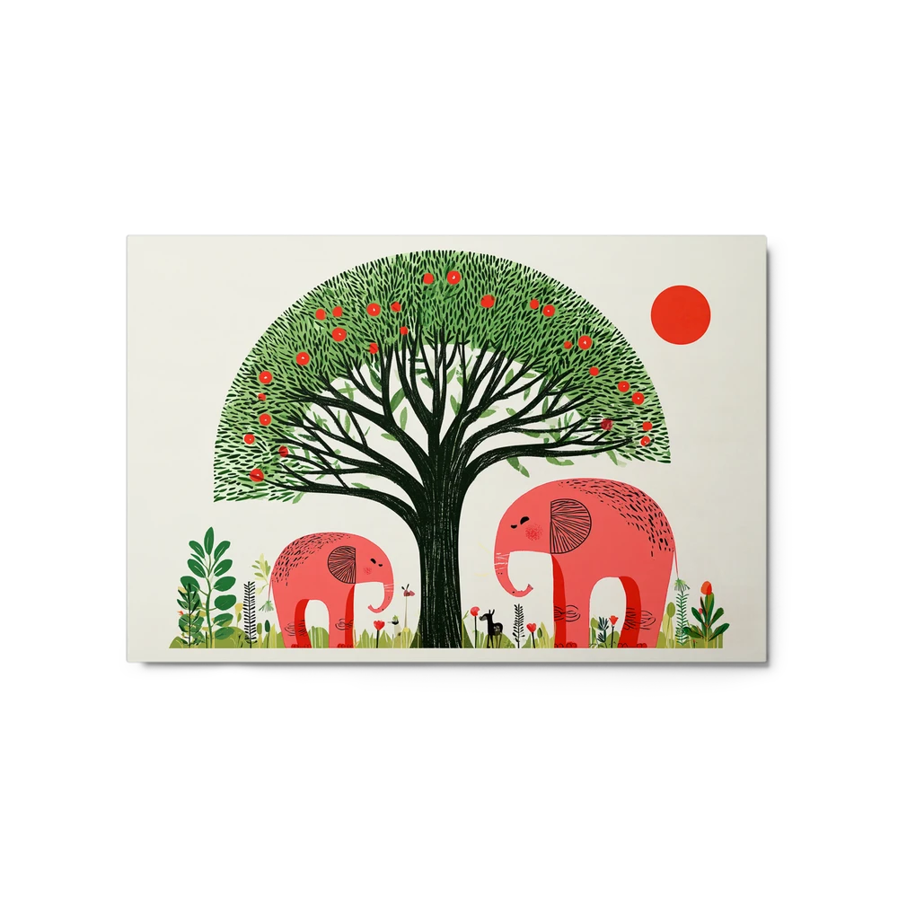 Pink Elephants Under Fruit Tree | Art Print