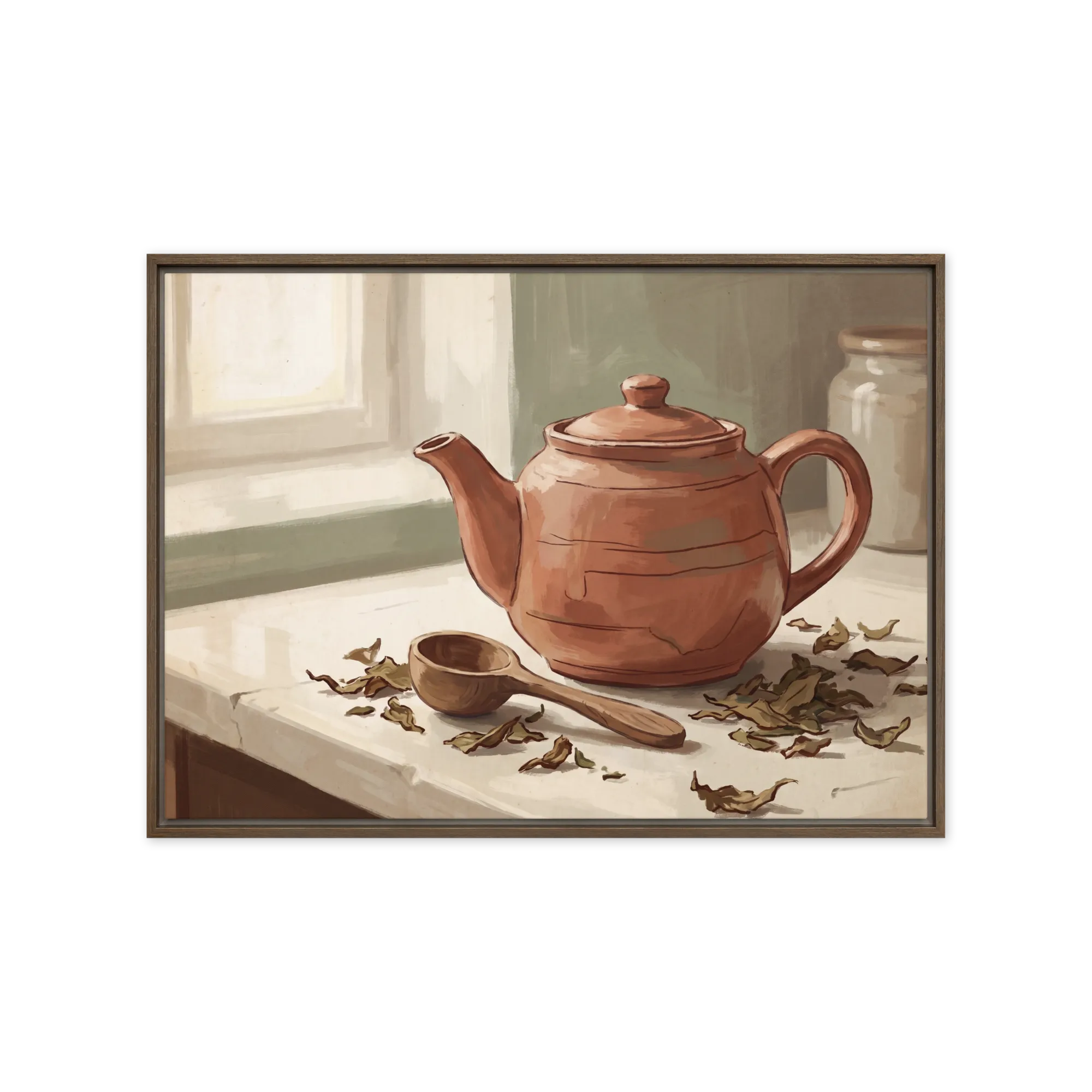 Terracotta Teapot and Leaves