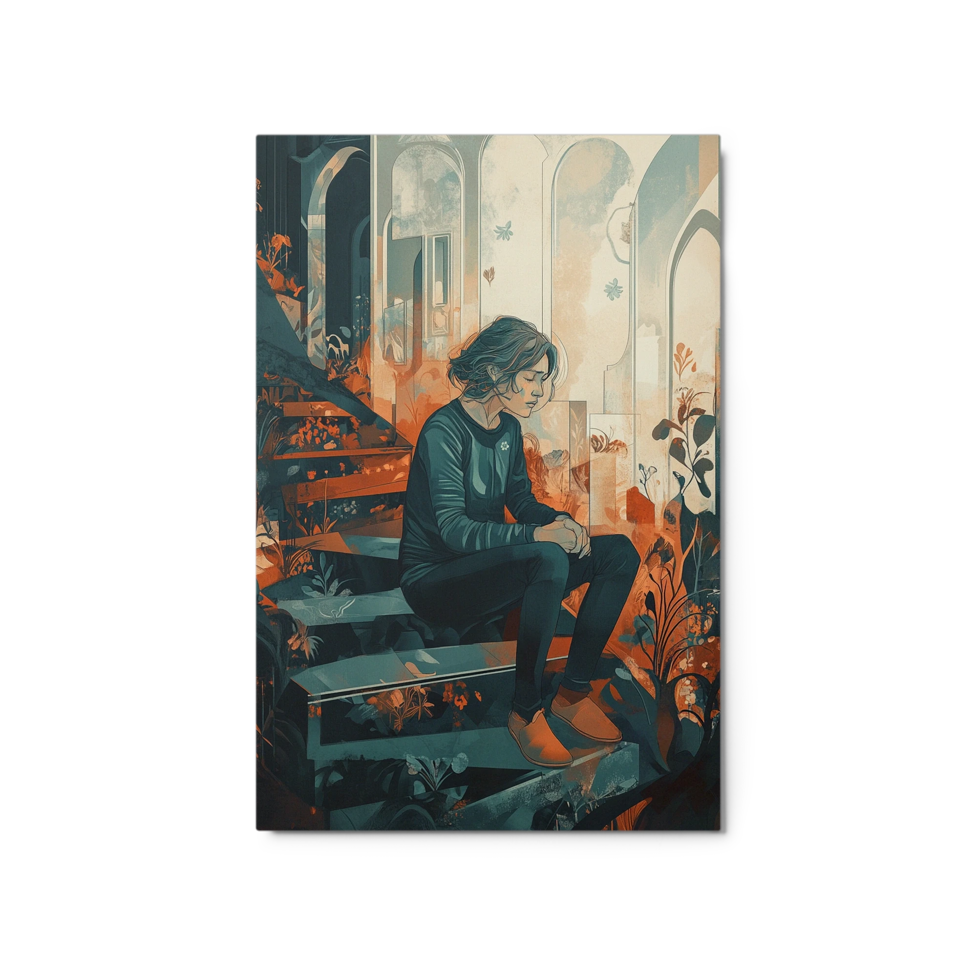 Contemplative Figure on Arched Stairs
