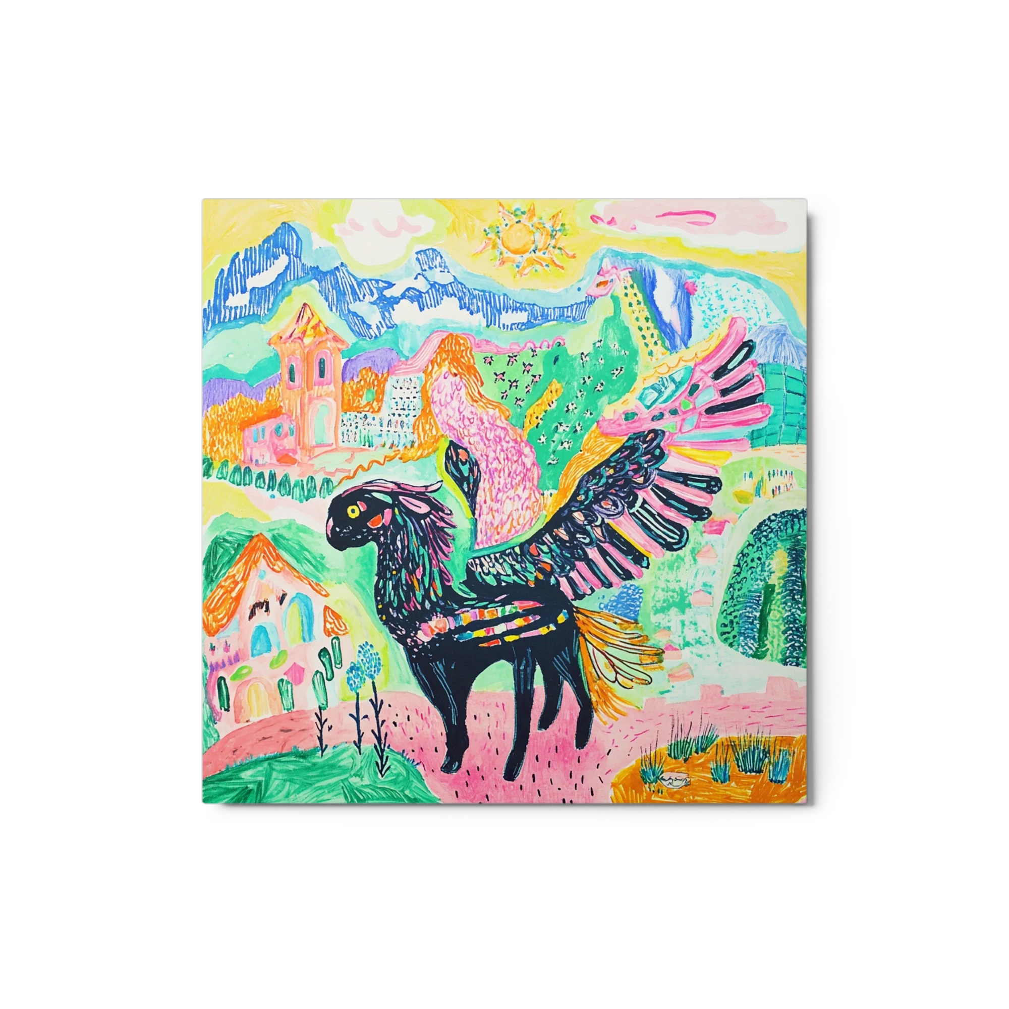 Winged Horse and Woman in Fantasy Landscape