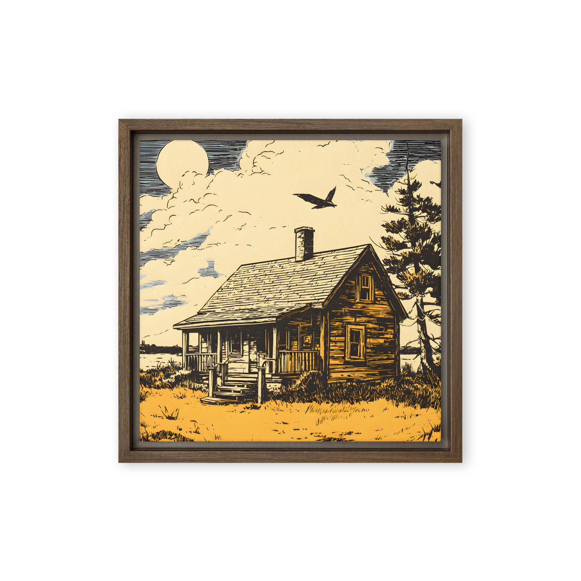 Moonlit Serenity: Lakeside Cabin 
 Canvas with Black Frame